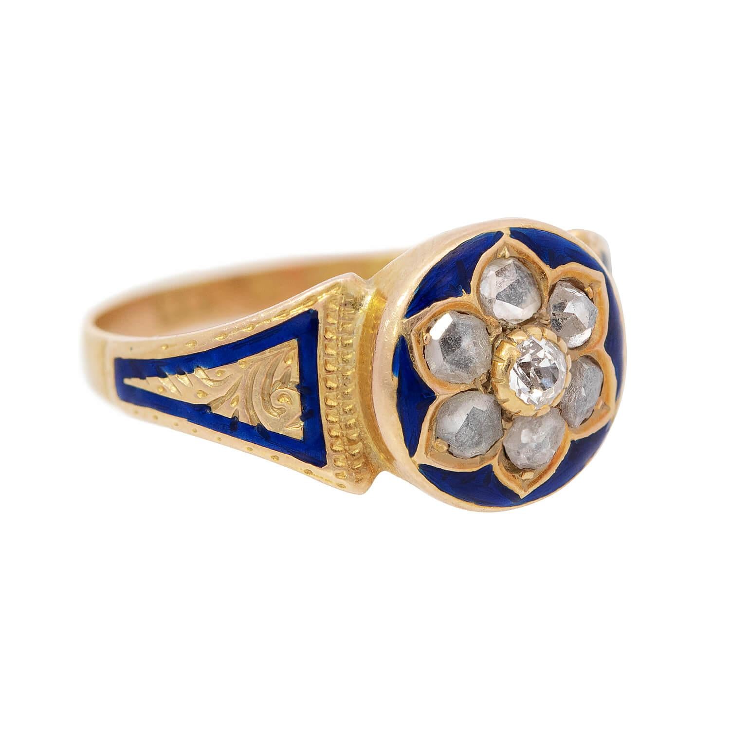 Victorian 15k Gold Diamond & Enamel Floral Ring - Antique Jewelry for Weddings, Engagement & Special Occasions
