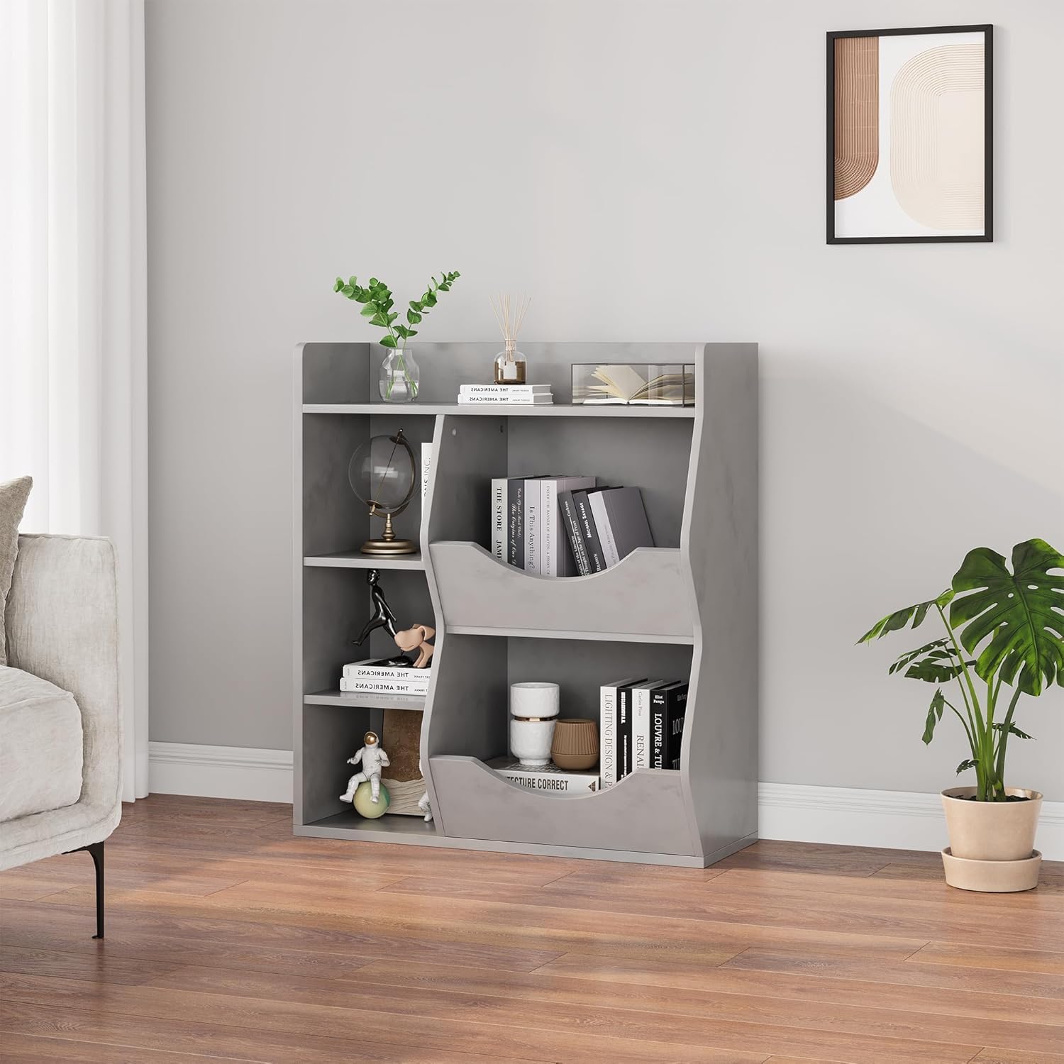 Kids 3-Tier Toy Storage Organizer & Bookshelf - Double-Sided Gray Toy Shelf with 5 Compartments for Bedroom, Nursery & Playroom - Perfect for Organizing Toys, Books & School Supplies