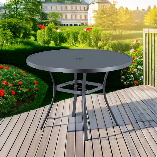 VICLLAX 41 Inch Round Outdoor Dining Table with Umbrella Hole - Metal Patio Table for Garden, Lawn, Balcony & Deck - Weather-Resistant Dark Grey - Perfect for Backyard BBQs, Poolside Dining & Outdoor Entertaining