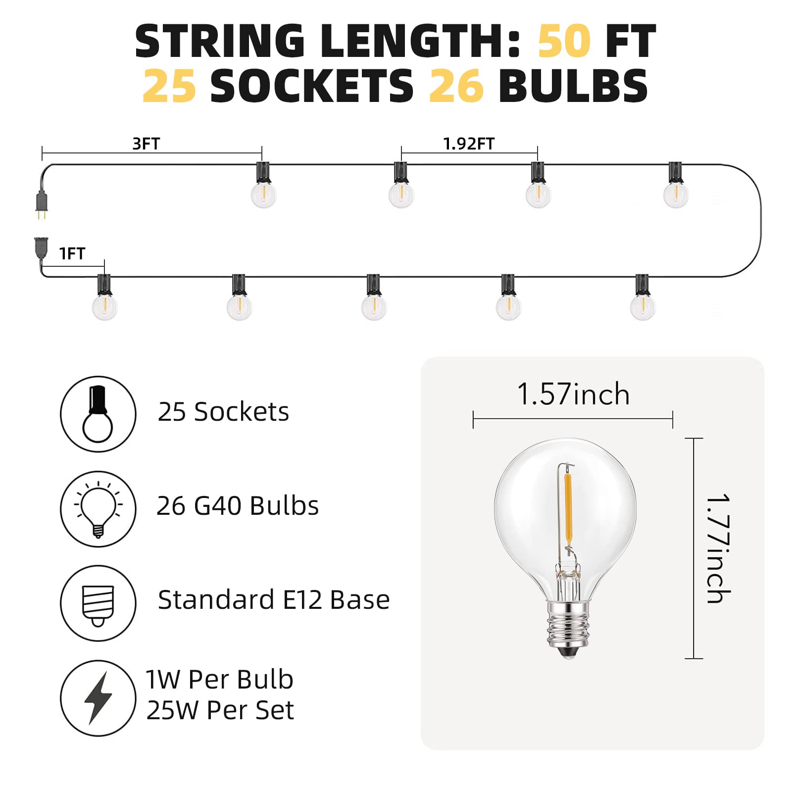 50ft G40 LED Outdoor String Lights - 26 Shatterproof & Waterproof Bulbs, Dimmable Hanging Globe Lights for Patio, Cafe, Bistro, Backyard, Garden & Wedding Decor