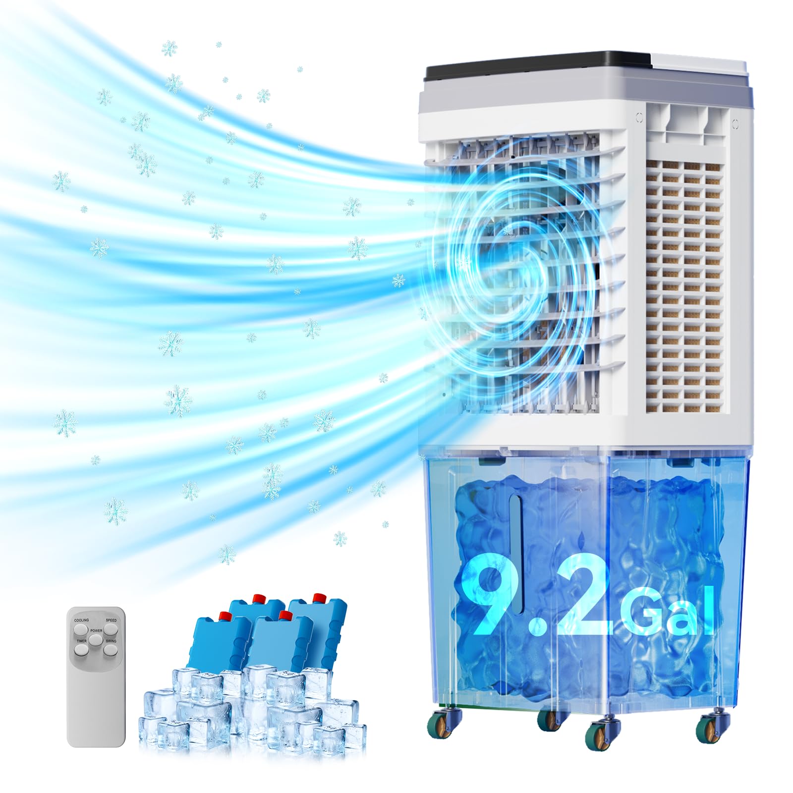 3-IN-1 Portable Evaporative Air Cooler with 2353 CFM - 9.2 Gallon Water Tank Swamp Cooler - Remote & Touch Control - 90°+120° Oscillation - Indoor Outdoor Air Cooling Fan for Home, Office, Patio, and Camping