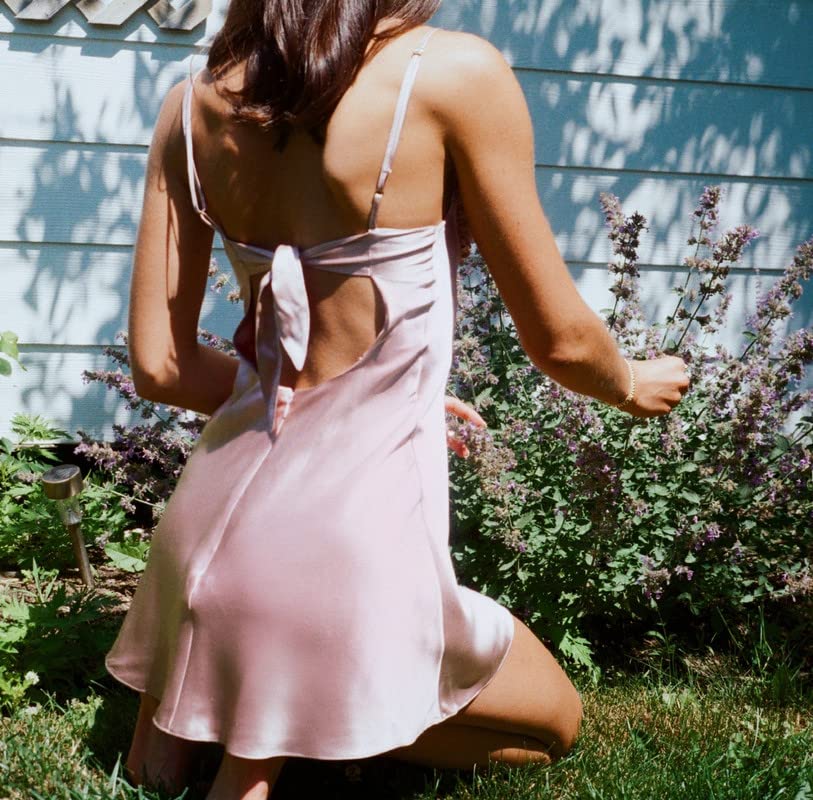 Women's Casual Satin Mini Dress - Spaghetti Strap Low Cut A-Line Short Cocktail Dress with Strappy Backless Design | Perfect for Summer Parties, Date Nights & Beach Vacations