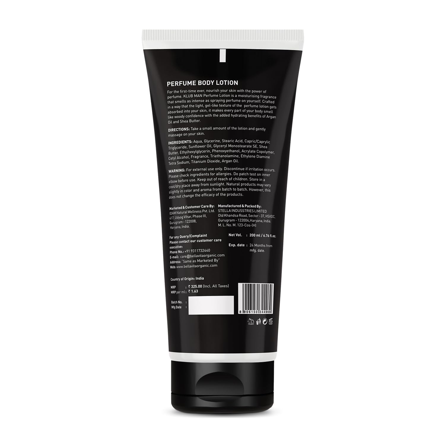 Bella Vita Luxury KLUB Men's Body Perfume Lotion - Hydrating & Nourishing with Argan Oil & Shea Butter (200ml) for Soft, Supple & Healthy Skin | Perfect for Daily Moisturizing & Post-Shave Care