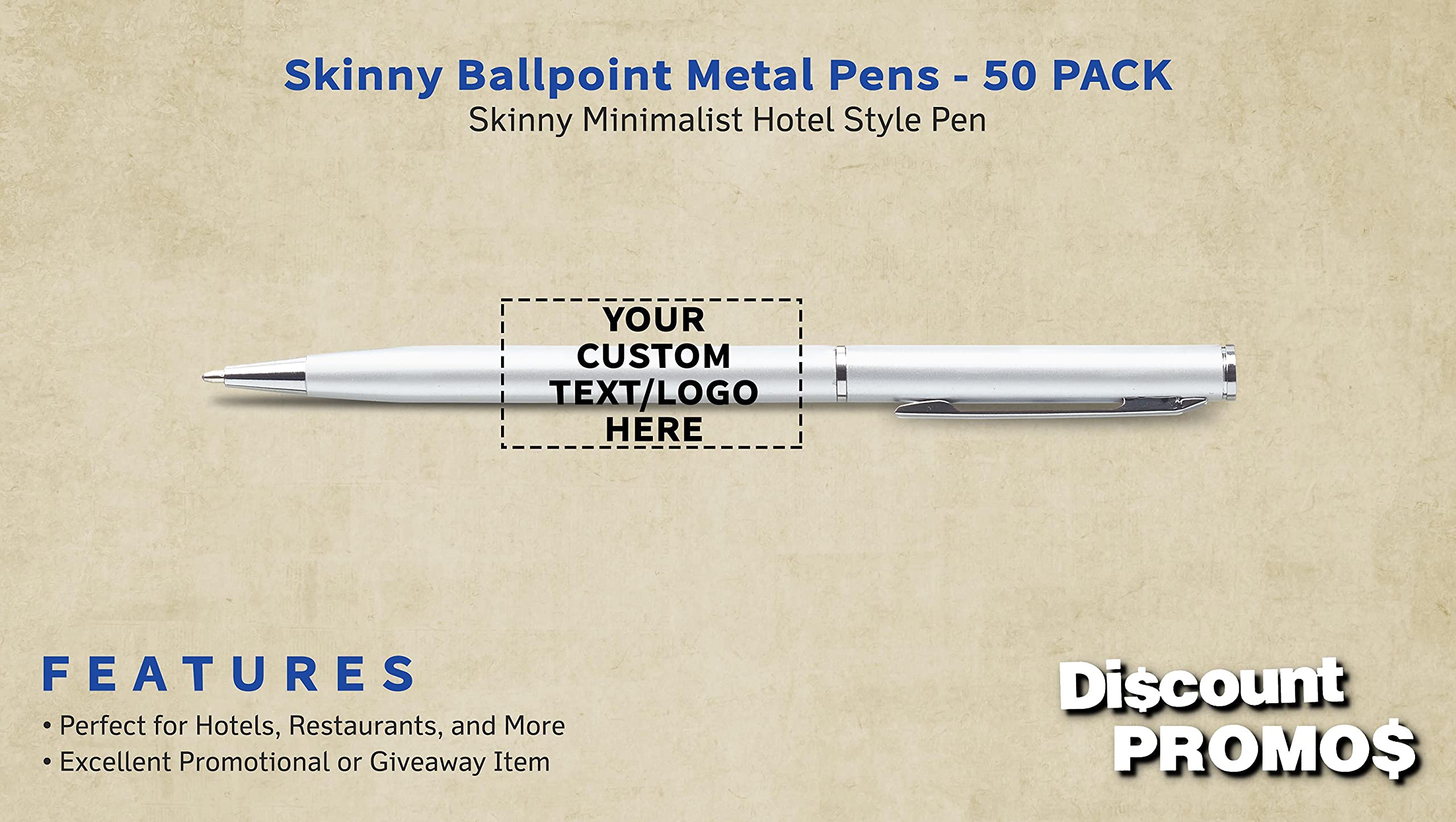 50 Pack Customizable Metal Skinny Ballpoint Pens - Engrave Your Text/Logo - Sleek Twist-Off Design with Black Ink (Silver) - Perfect for Corporate Gifts, Promotional Events & Office Supplies