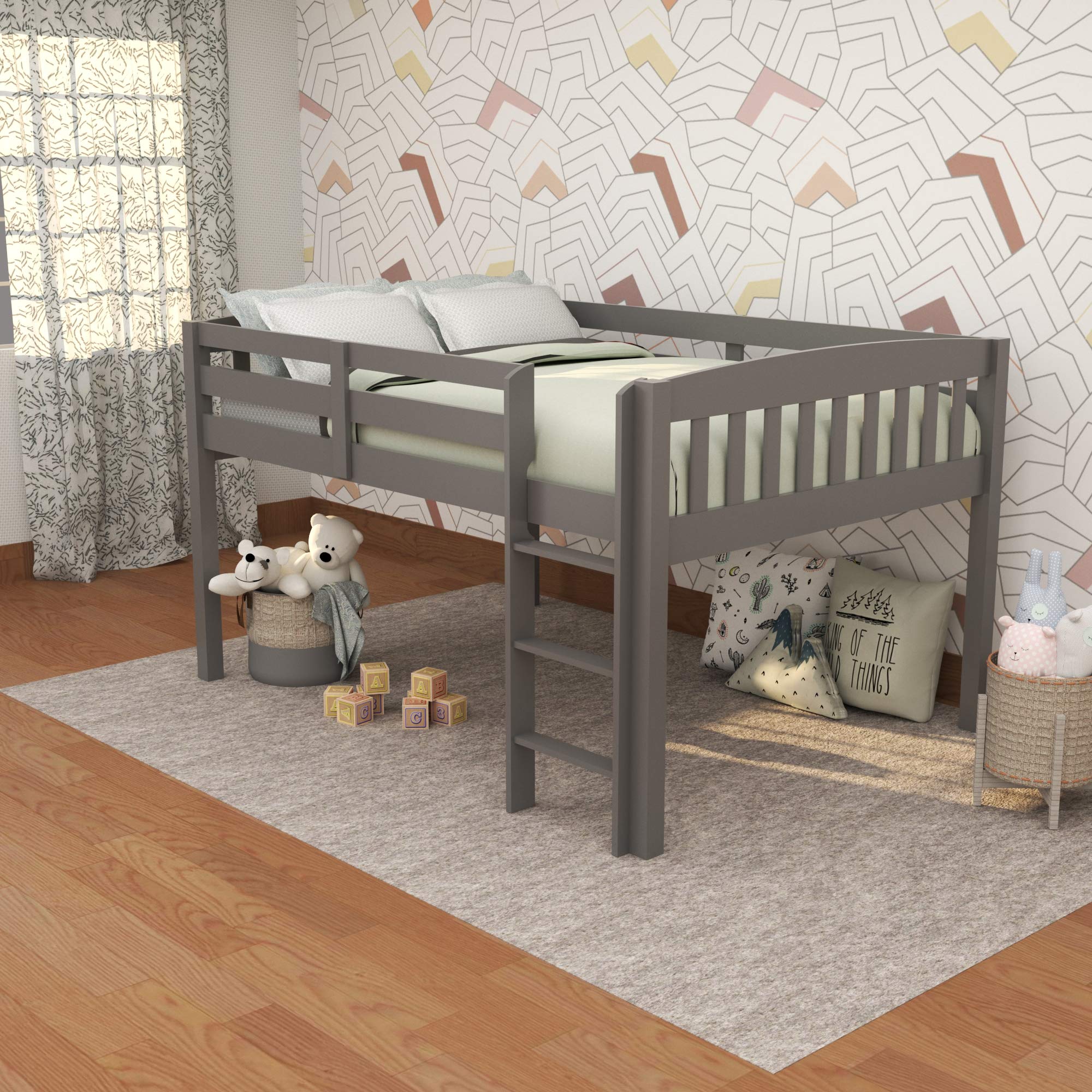 **Yes4Wood Elbrus Low Loft Space Saver Bed – 100% Assembled Sturdy Elliotis Pine – Full Size Grey – Perfect for Small Apartments, Dorms & Guest Rooms**