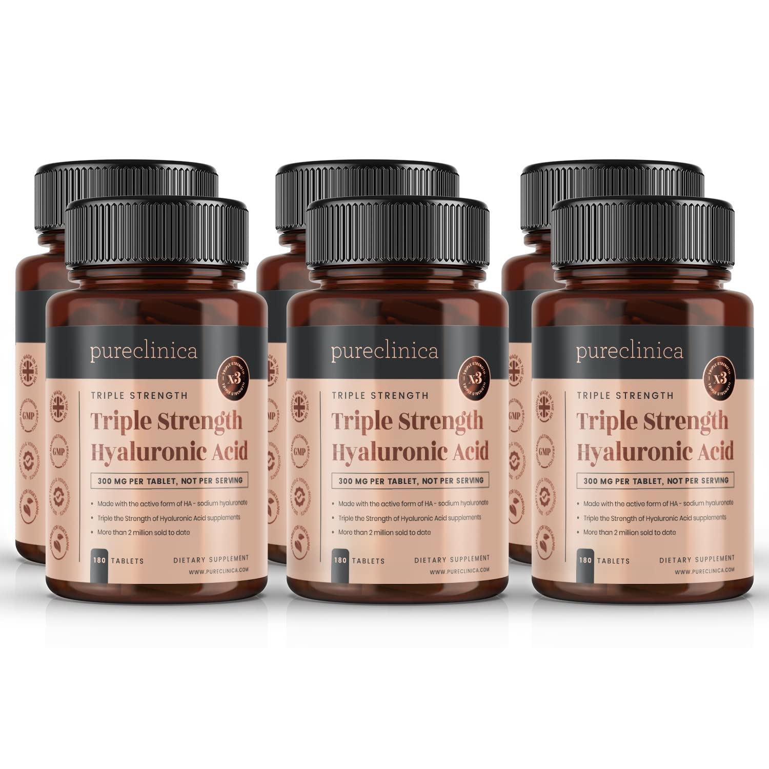 PureClinica Hyaluronic Acid 300mg x 1080 Tablets (6 Bottles of 180 Tablets) - Triple Strength Joint & Skin Support, 300% Stronger Formula for Hydration & Anti-Aging - 3 Year Supply for Daily Wellness & Active Lifestyle