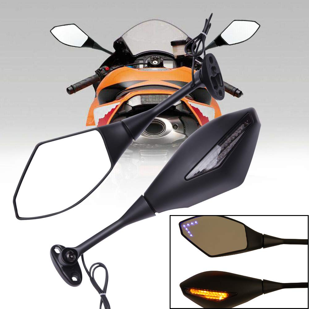 **DREAMIZER Motorcycle Handlebar Mirrors with Turn Signals - Rear View Mirrors Compatible with Honda CBR300RR, CBR600RR, CBR1000RR & Suzuki GSXR 600, 750 - Blue Arrow Indicator Light, Matte Black - Perfect for Street Bikes & Cruisers**