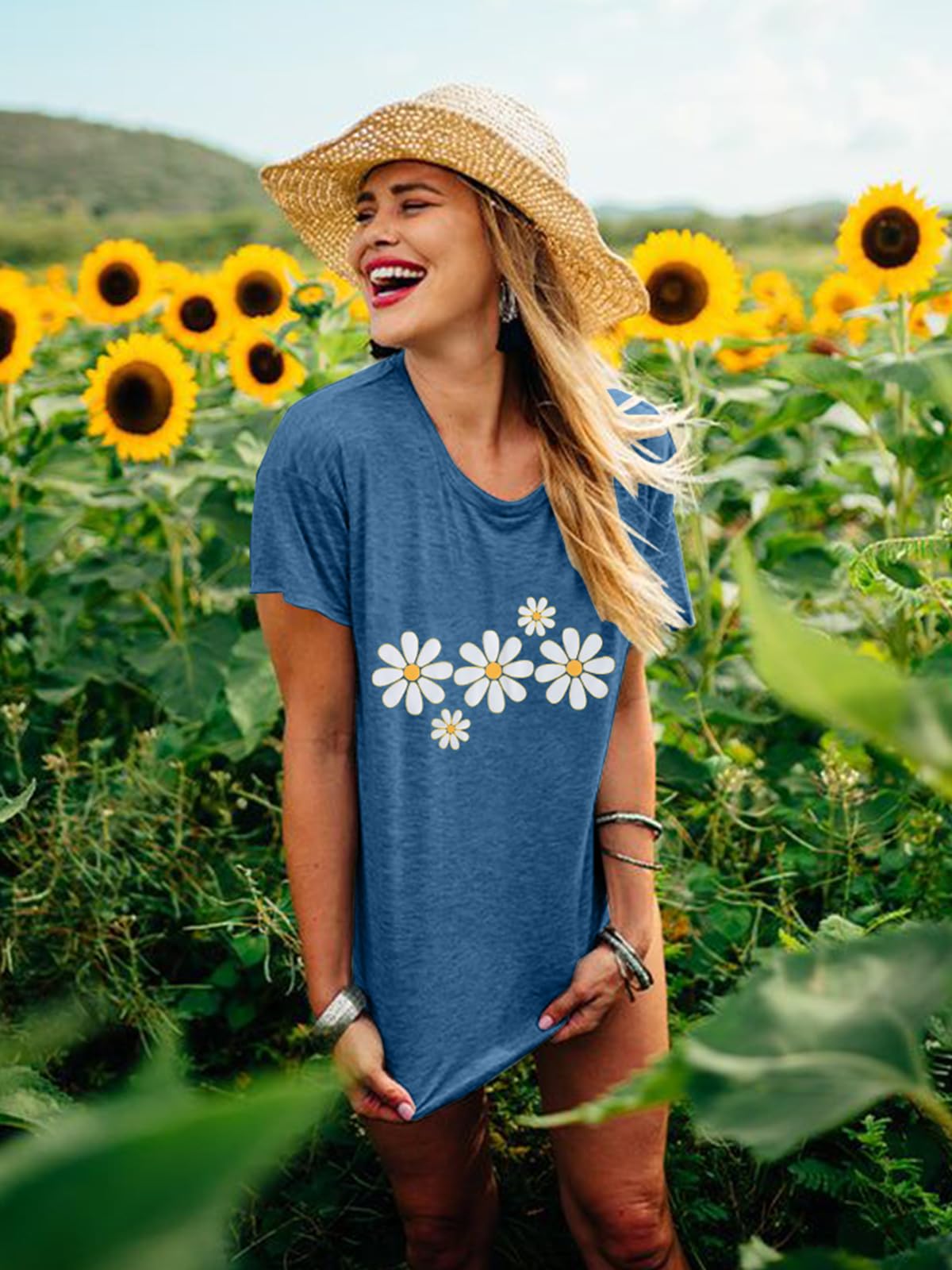 LUKYCILD Women's Daisy Graphic Tee - Short Sleeve Summer T-Shirt with Faith Design - Casual Wear for Outings, Beach, and Everyday Comfort