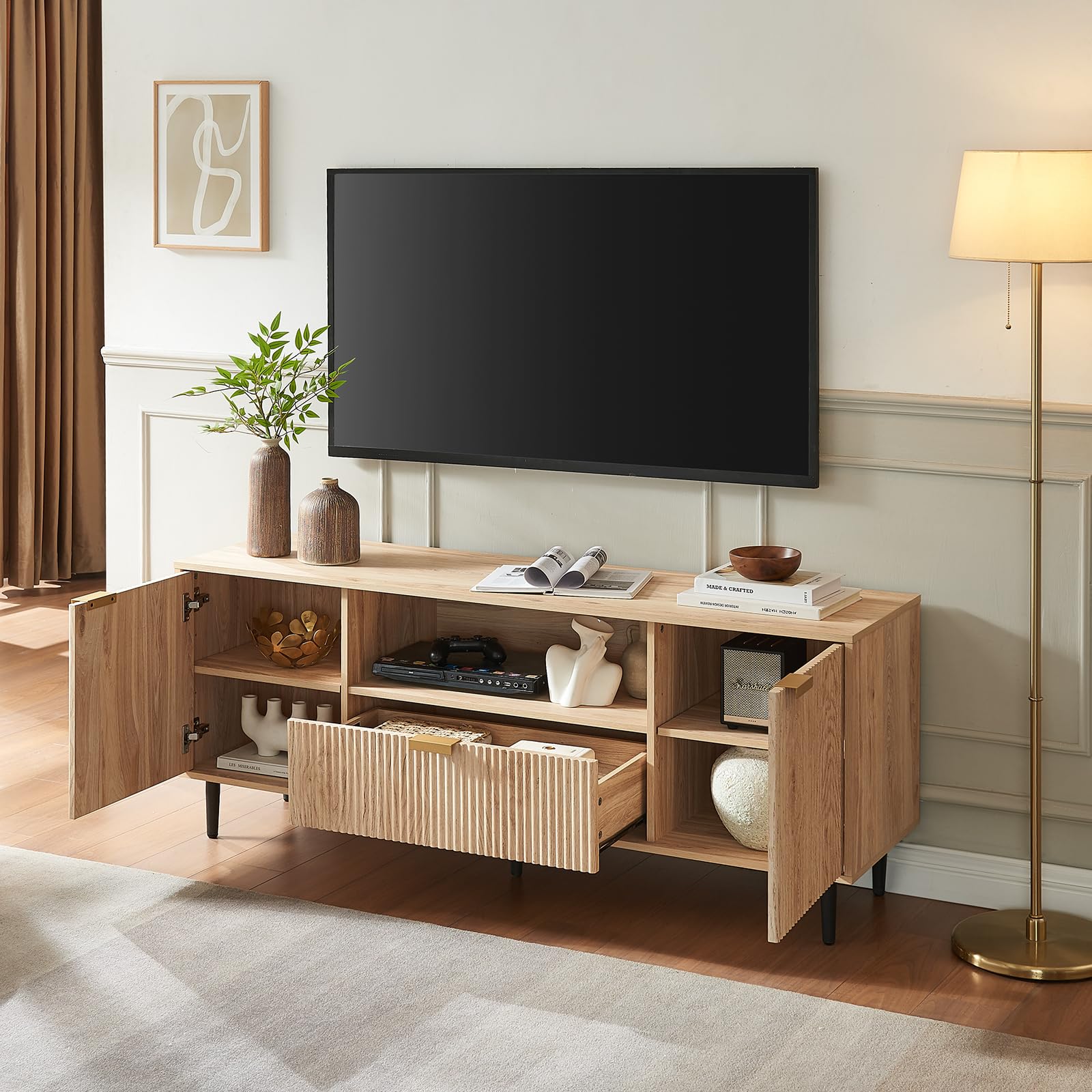 Modern Oak TV Stand for 65 Inch TVs - Wood Fluted Media Console with Soft Hinge & Storage Drawer - Living Room Entertainment Center for Home Theater & Gaming Setup