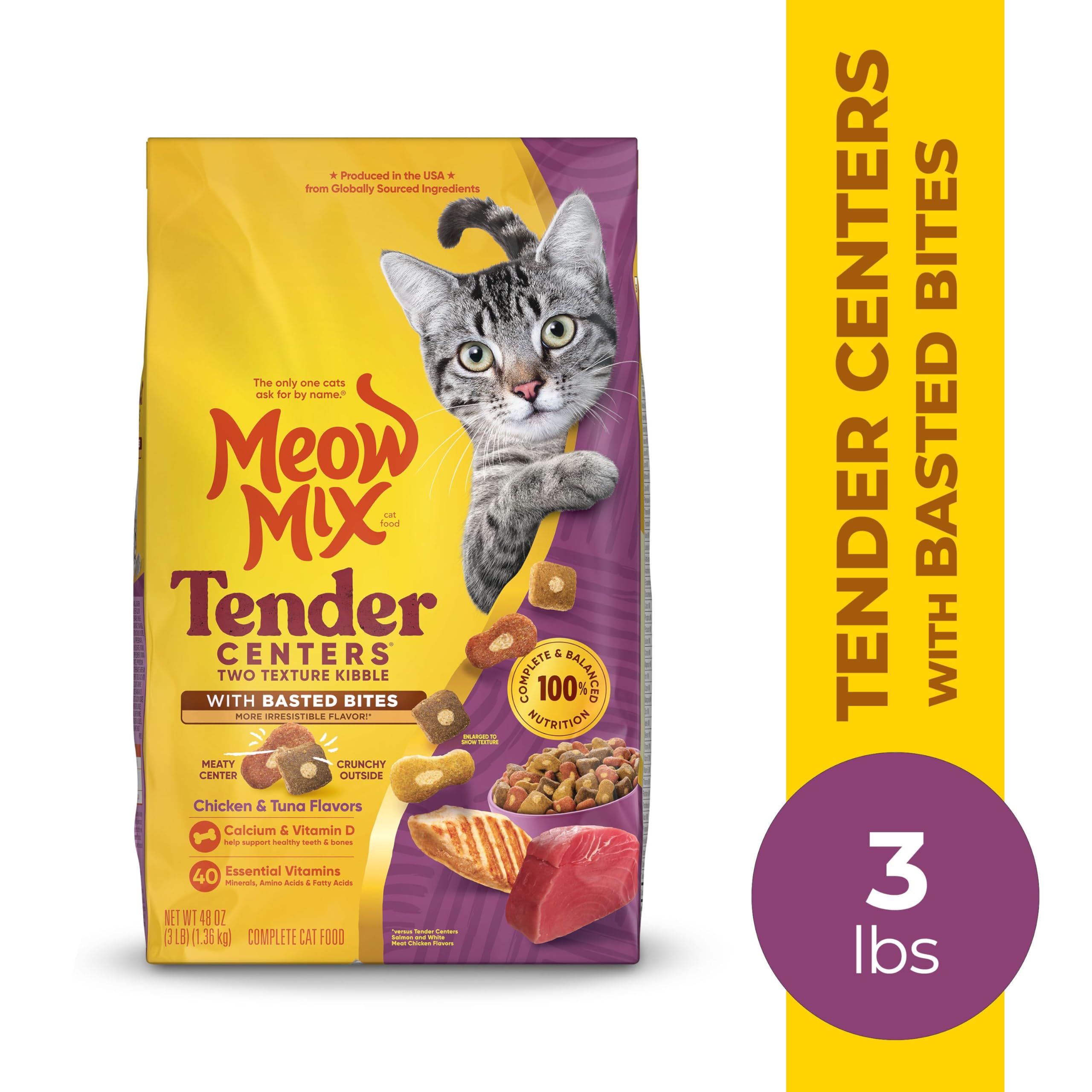 Meow Mix Tender Centers Basted Bites Chicken & Tuna Flavor Dry Cat Food - 3lb Bag, Crunchy Outside with Soft Meat Center - Perfect for Adult Cats & Kittens at Mealtime or as Treats
