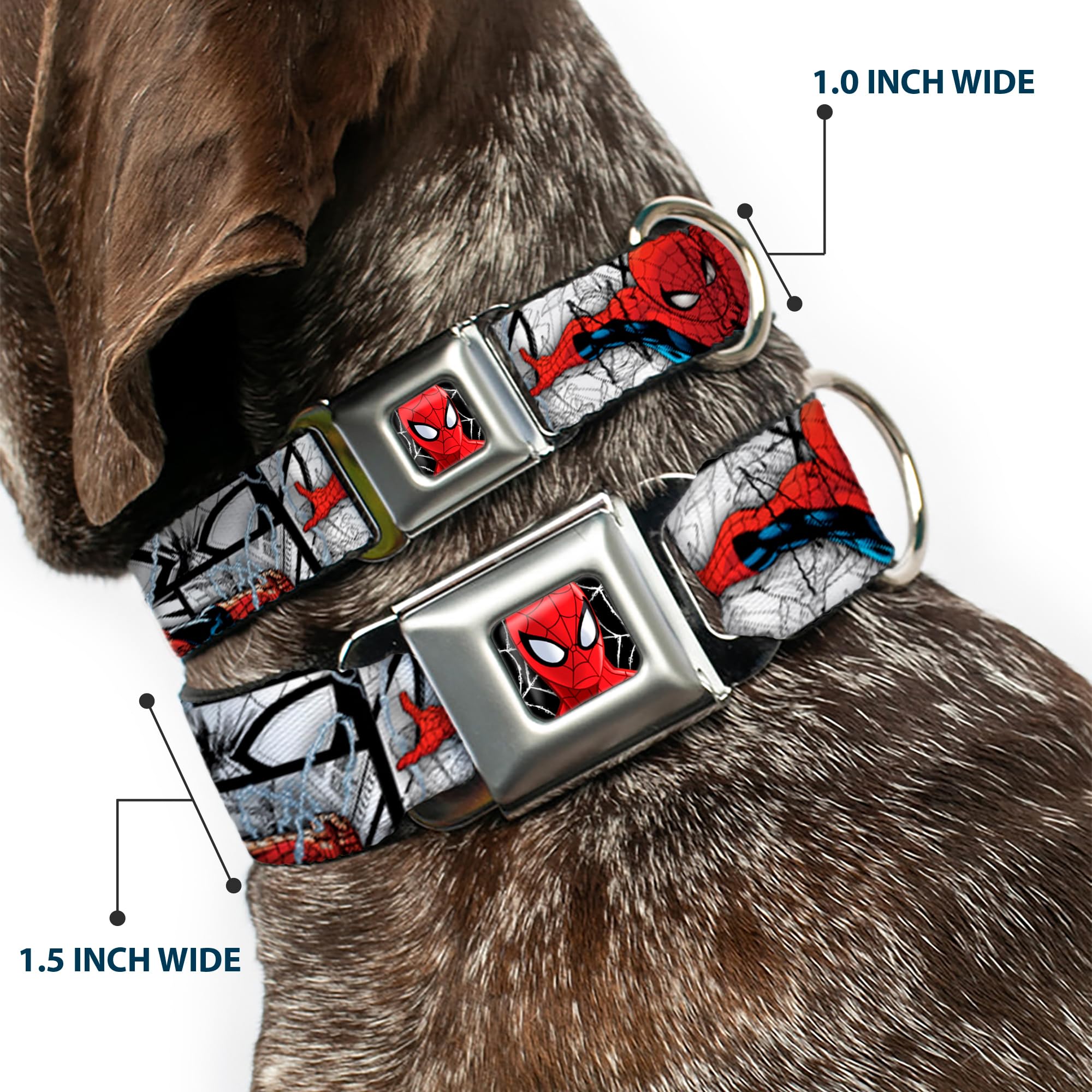 Spider Man Dog Collar with Seatbelt Buckle - 18 to 32 Inches Adjustable Pet Collar - 1.5 Inch Wide Nylon Dog Collar for Small Medium Large Dogs - White Black Red Comic Design - Perfect for Cosplay, Comic Con & Superhero Themed Events