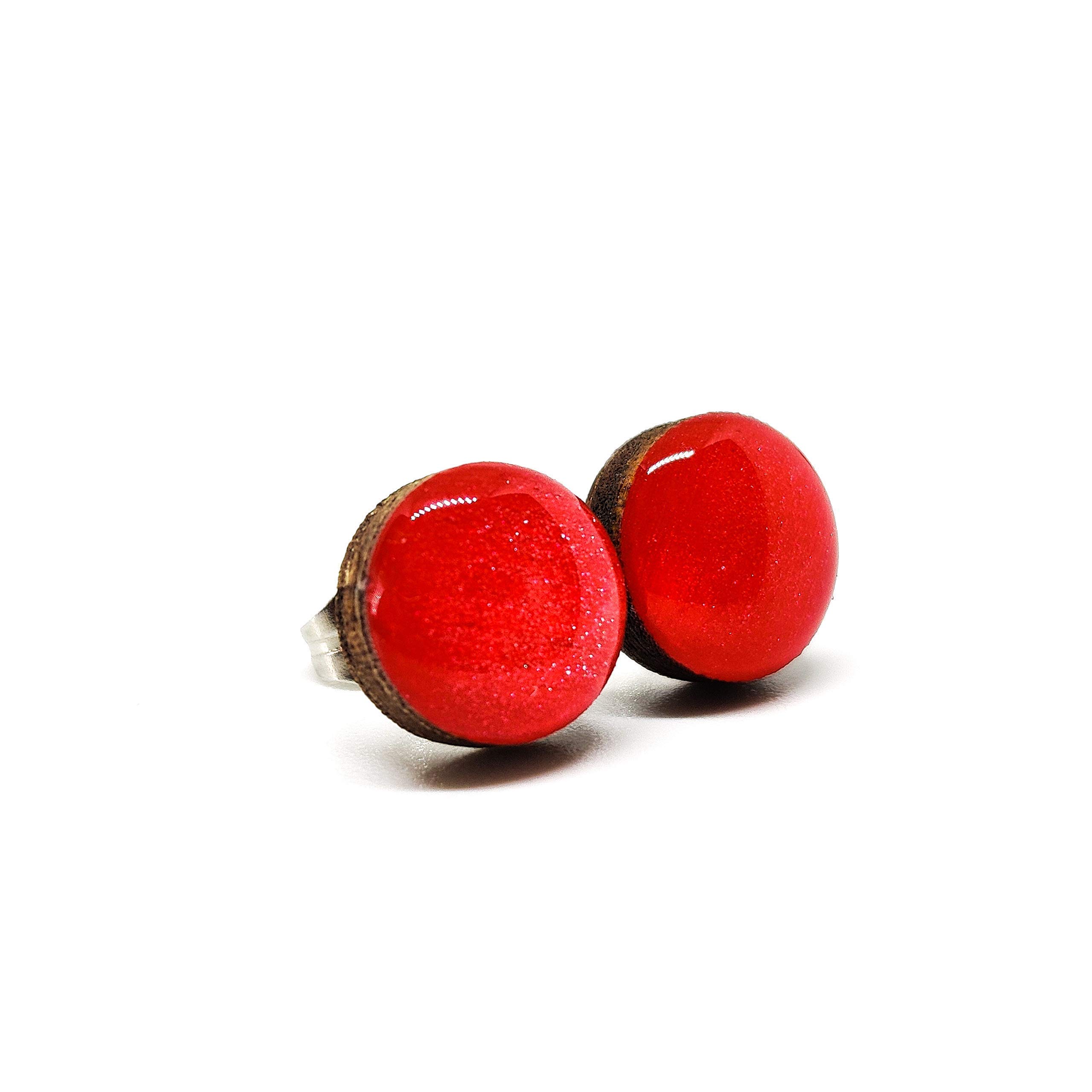Handmade Shimmer Stud Earrings for Women & Men - 10mm Stainless Steel Posts for Sensitive Ears (Scarlet Red) - Perfect for Everyday Wear, Gifts & Special Occasions