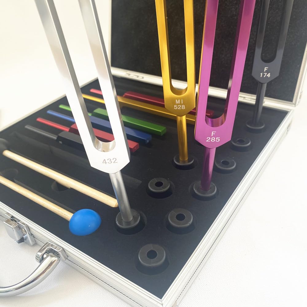 MIMIRACLE Solfeggio Tuning Forks Set - 10 Unweighted Aluminum Alloy Sound Healing Forks with Cleaning Cloth, Rubber Mallets & Gift Box for Meditation, Yoga, Chakra Balancing & Energy Healing | Perfect for Sound Therapy, Reiki & Holistic Wellness Practices