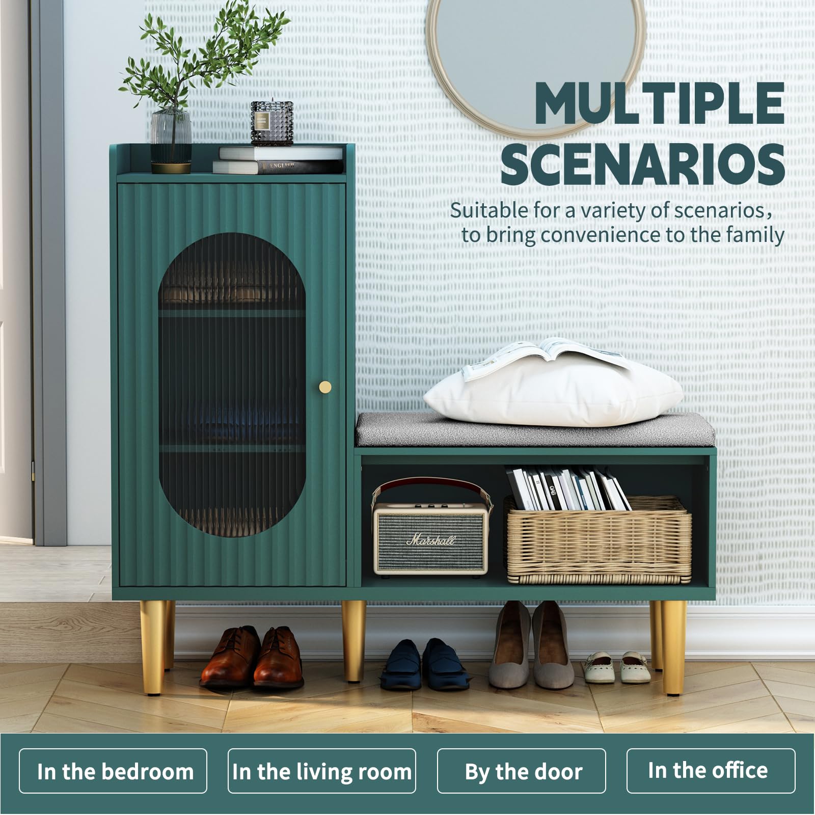 Modern HLR Storage Bench with Glass Door & Shelf - L-Shaped Entryway Shoe Cabinet with Padded Seat, Green Storage Cabinet for Hallway, Bedroom, Living Room & Office - Perfect for Small Space Organization & Entryway Seating