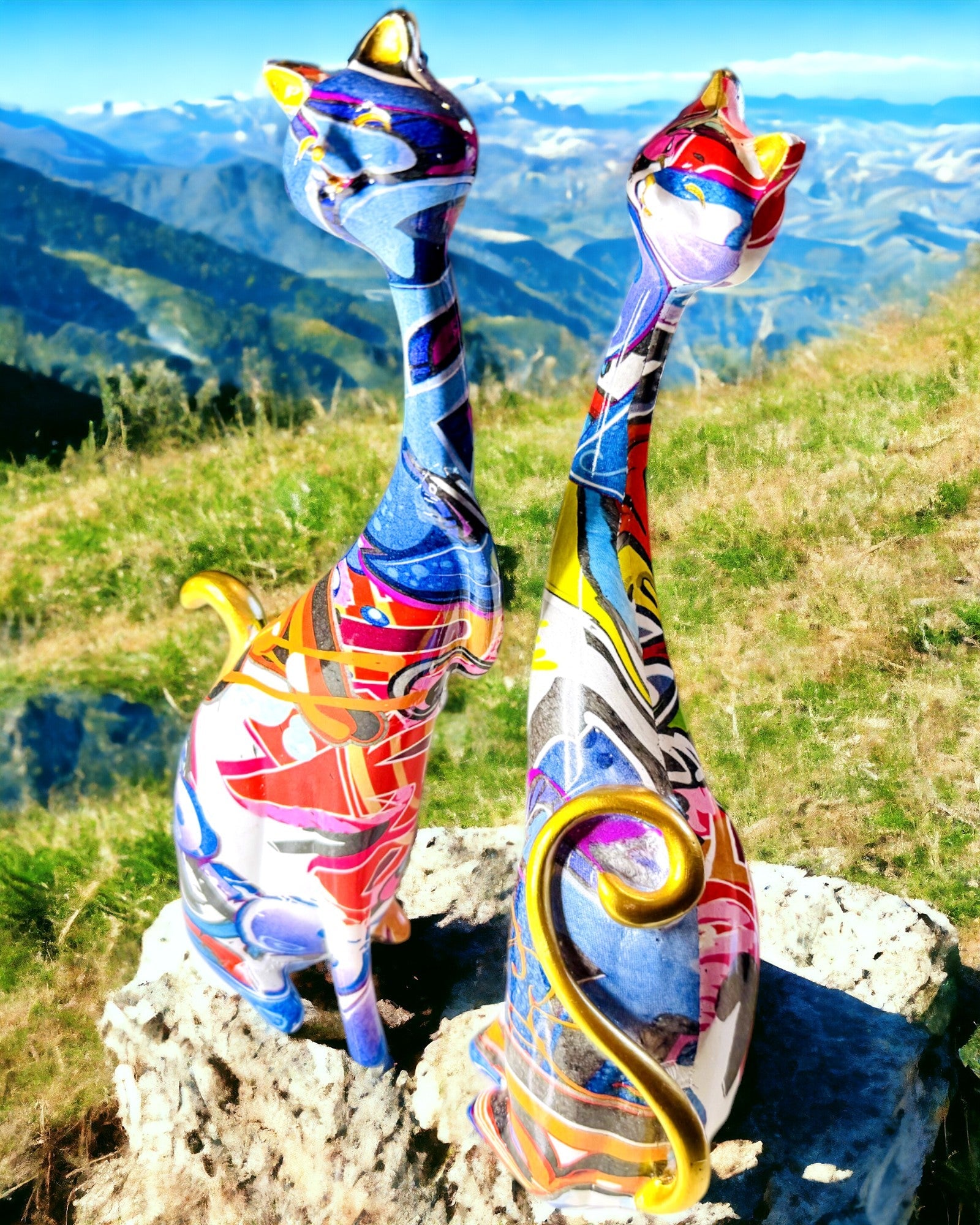 Hand Painted Abstract Cat Figurines - Resin Art Sculptures (25cm, 2-Piece Set) - Perfect for Home Decor, Office Desk, and Gift Giving