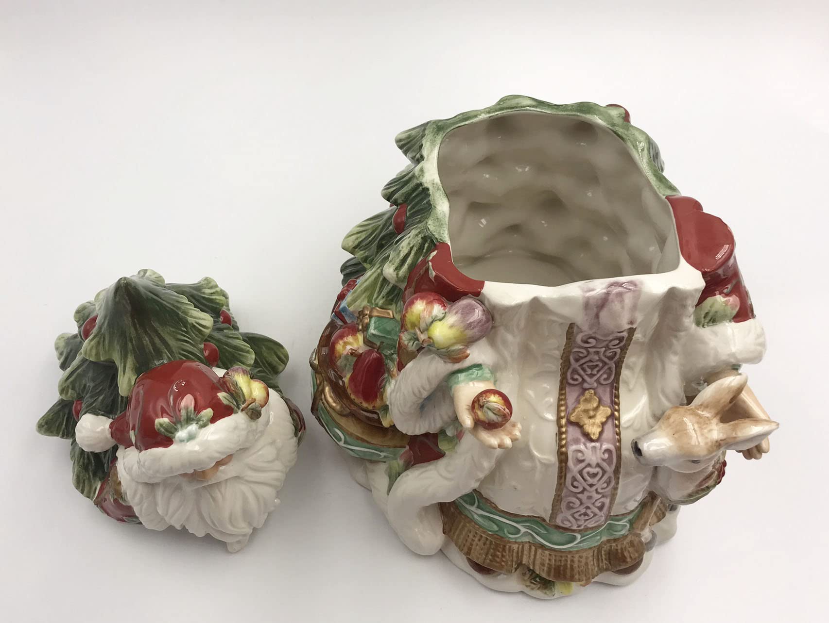 Fine Ceramic Victorian Harvest Santa Cookie Jar with Deer & Christmas Tree - 11.25 Inch Christmas Decor for Holiday Baking, Kitchen Storage & Festive Home Decor