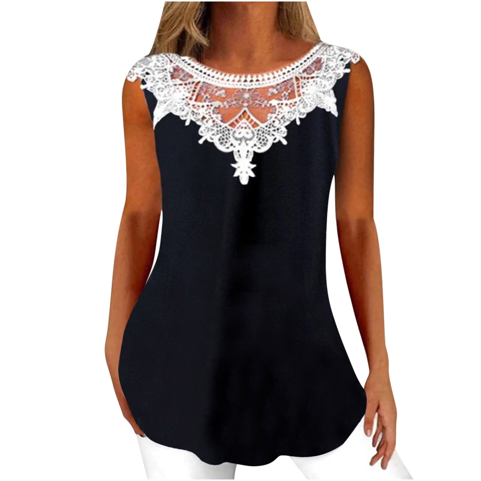 Oelaio Women's Loose Fit Lace Summer Tank Top - Trendy Scoop Neck Sleeveless Hollow Out Tunic with Printed Curved Design in Black | Perfect for Beach Outfits, Casual Wear & Summer Vacations
