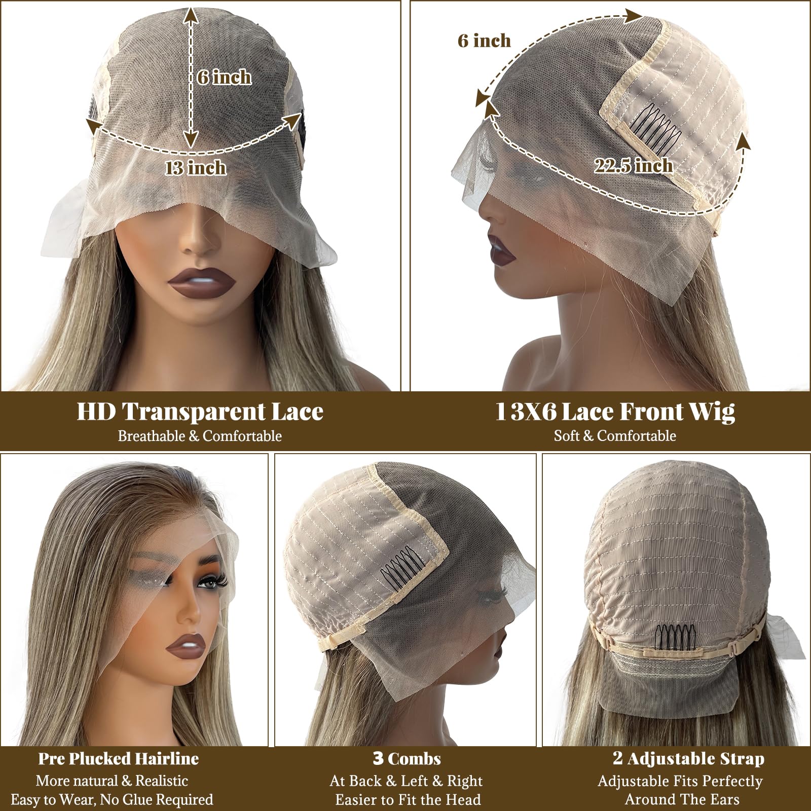 20 Inch Ombre Ash Brown to 613 Blonde Human Hair Wigs with Dark Brown Roots - 13x6 HD Straight Lace Front Wig, Pre Plucked, Glueless, 180% Density - Natural Looking Wigs for Women | Perfect for Daily Wear, Cosplay, Parties & Special Occasions