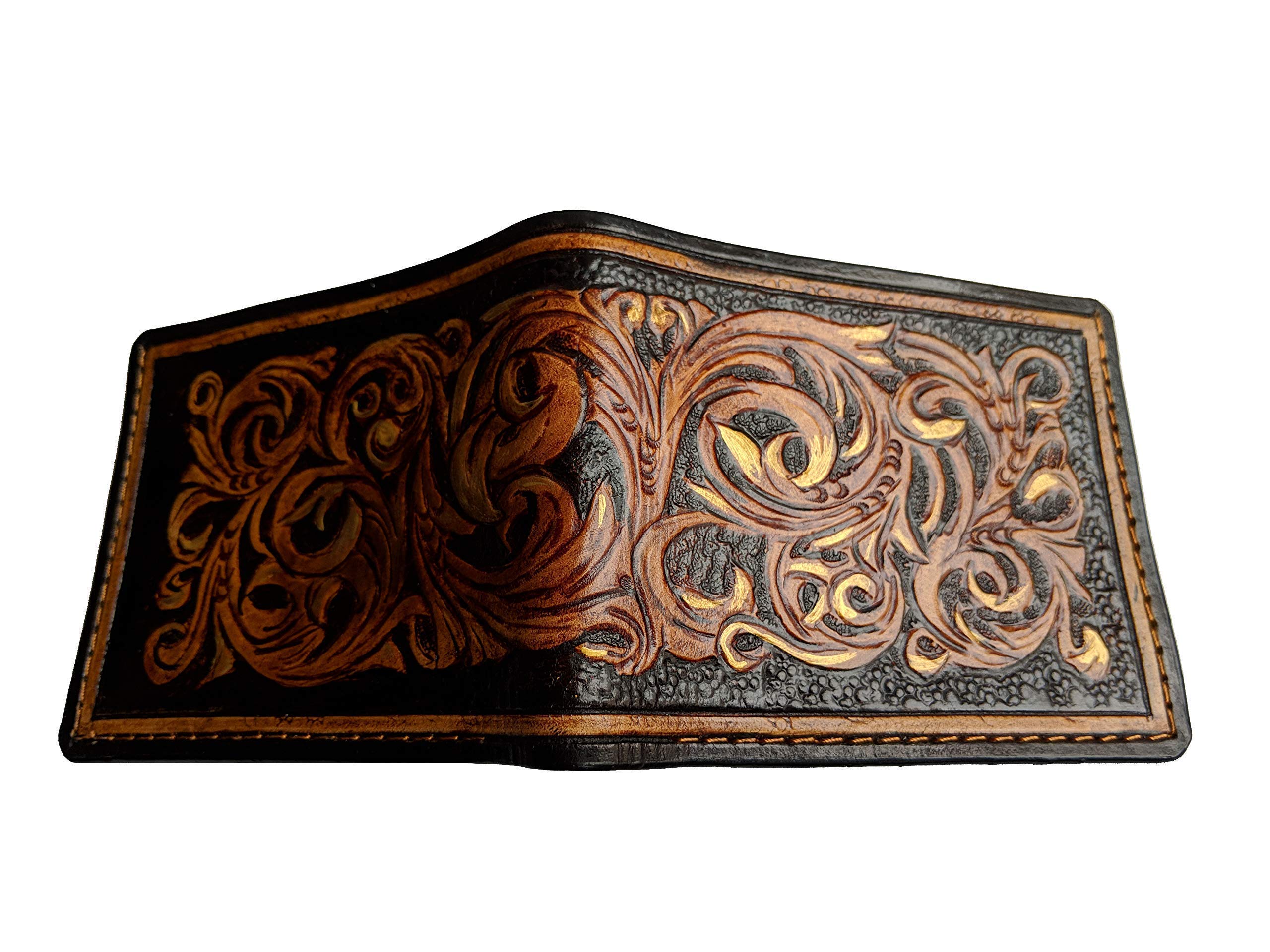 Handmade 3D Genuine Leather Wallet for Men - Custom Engraved & Hand-Painted Floral Design - Personalized Gift for Dad, Husband, Boyfriend - Perfect for Everyday Use, Travel & Special Occasions