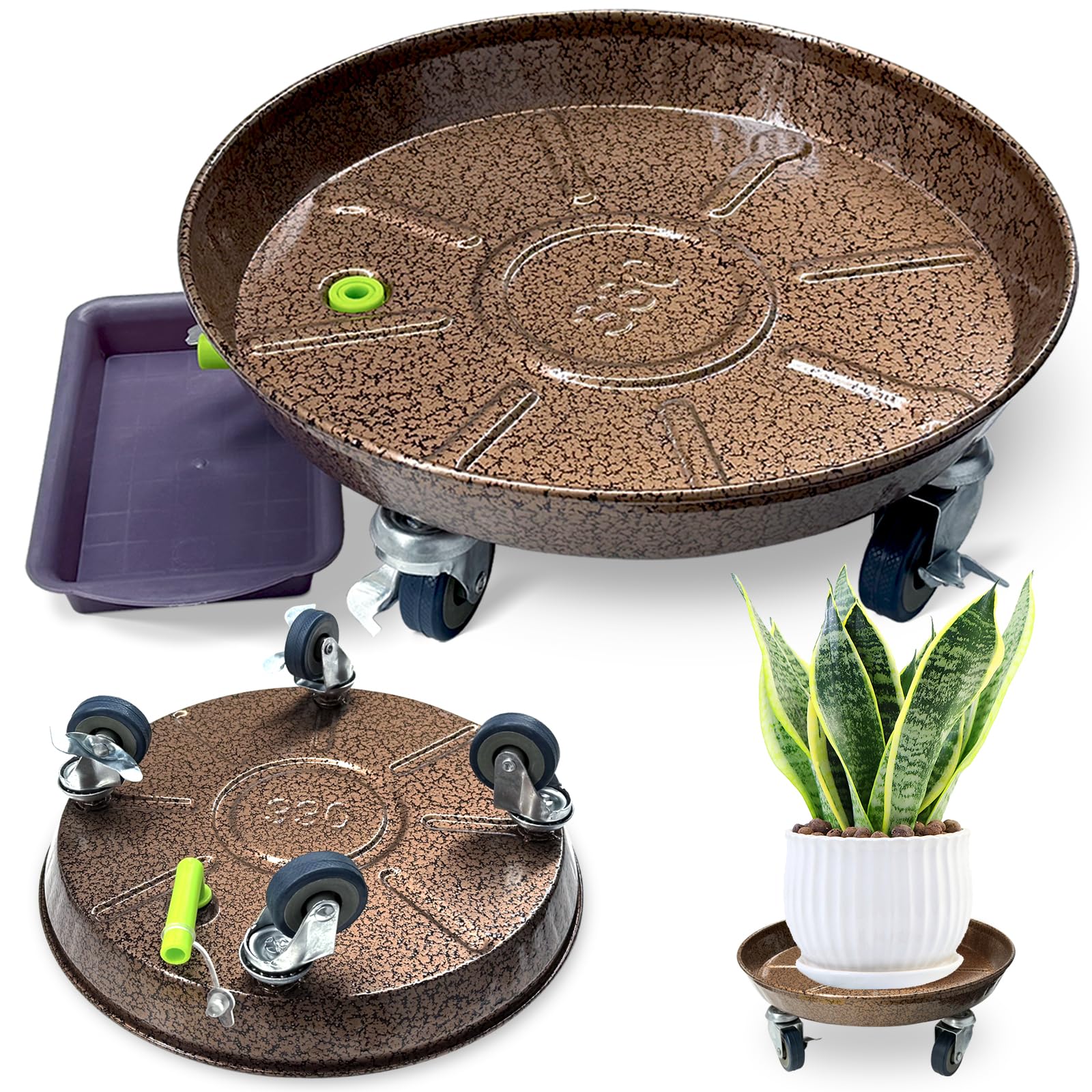 2 Pack 13.4 Inch Heavy Duty Metal Plant Caddy with Lockable Wheels & Drainage Holes - Rolling Plant Dolly Stand with Casters for Indoor Outdoor Use - Perfect for Garden, Balcony, Patio & Home Decor Mobility