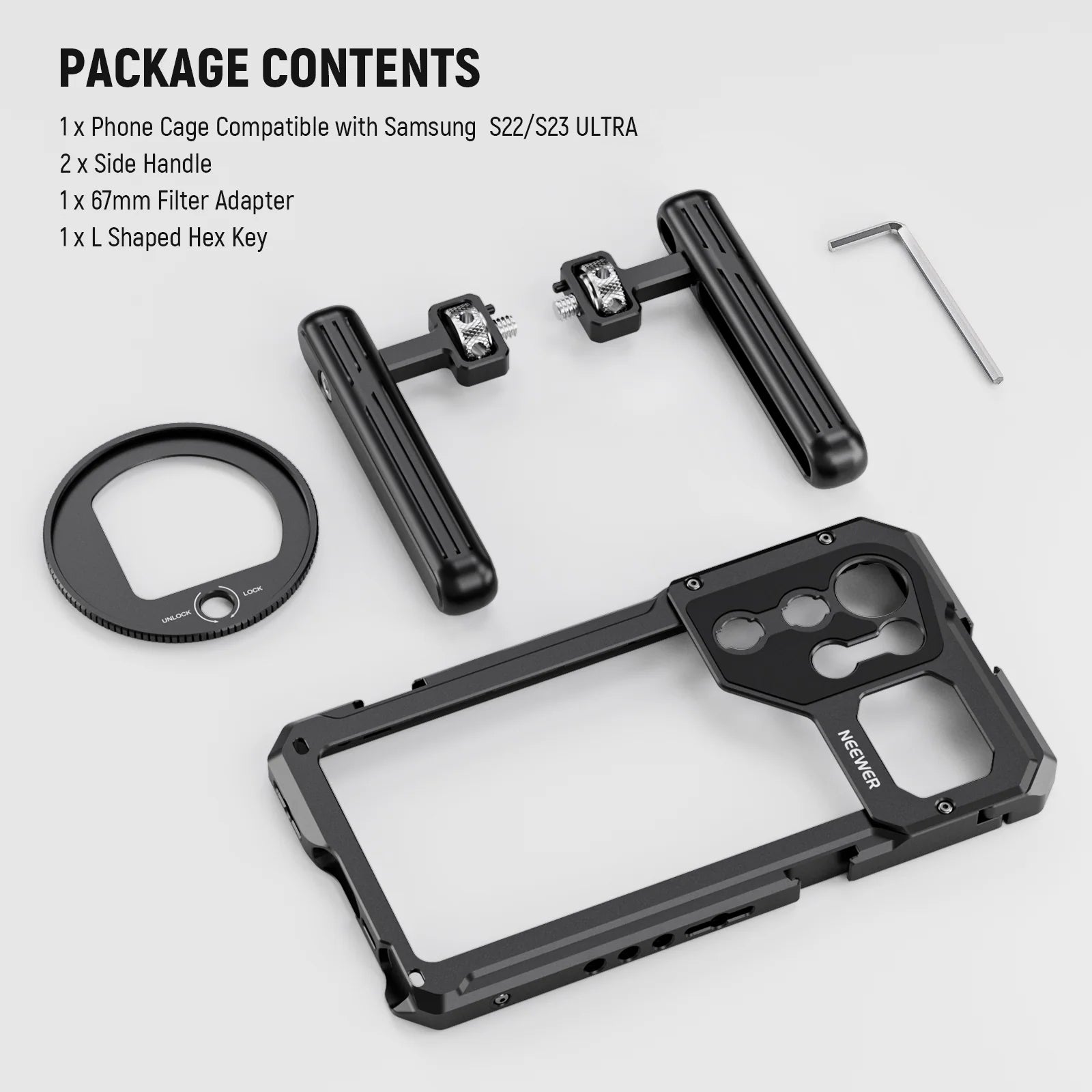 NEEWER PA021 Handheld Video Cage with Filter Thread Adapter for Samsung Galaxy S23 Ultra - Perfect for Vlogging, Filmmaking & Mobile Photography
