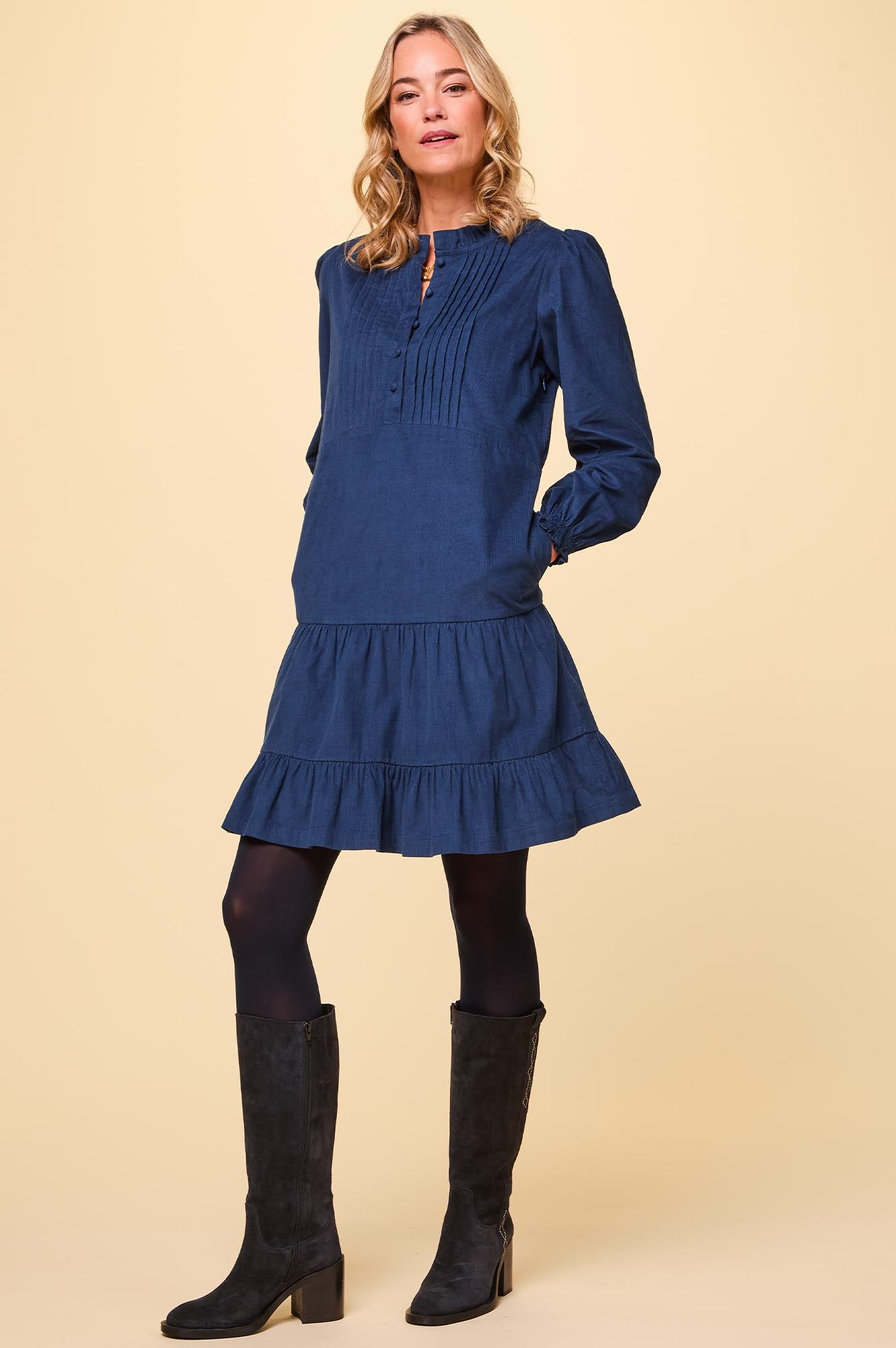 Stylish Women's Corduroy Mini Dress in Navy Blue | Casual Fall Outfit for Brunch, Dates & Shopping