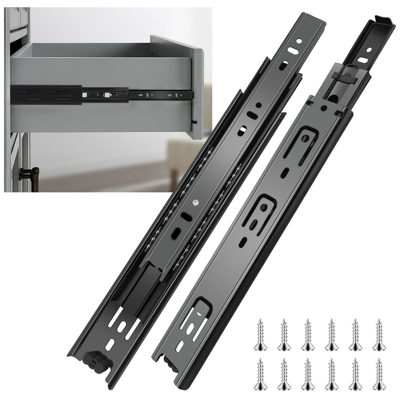14 Inch Full Extension Ball Bearing Drawer Slides - 6 Pairs (12pcs) Heavy Duty Side Mount Cabinet Rails for Kitchen, Wardrobe, File Cabinet & Trash Can - 100 LB Capacity Black Metal Glides - Perfect for Smooth Cabinet Doors and Drawers in Home & Office Organization