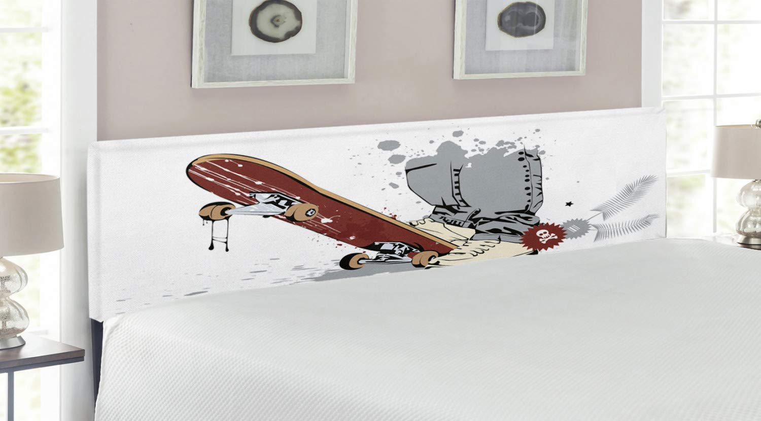 Ambesonne King Size Upholstered Headboard with Memory Foam - Skateboard Teen Boy Design in Sneakers & Jeans - Brown Cream Decorative Metal Bed Headboard for Teen Bedroom Decor | Perfect for Boys' Room, Dormitory & Youth Bedroom Makeover