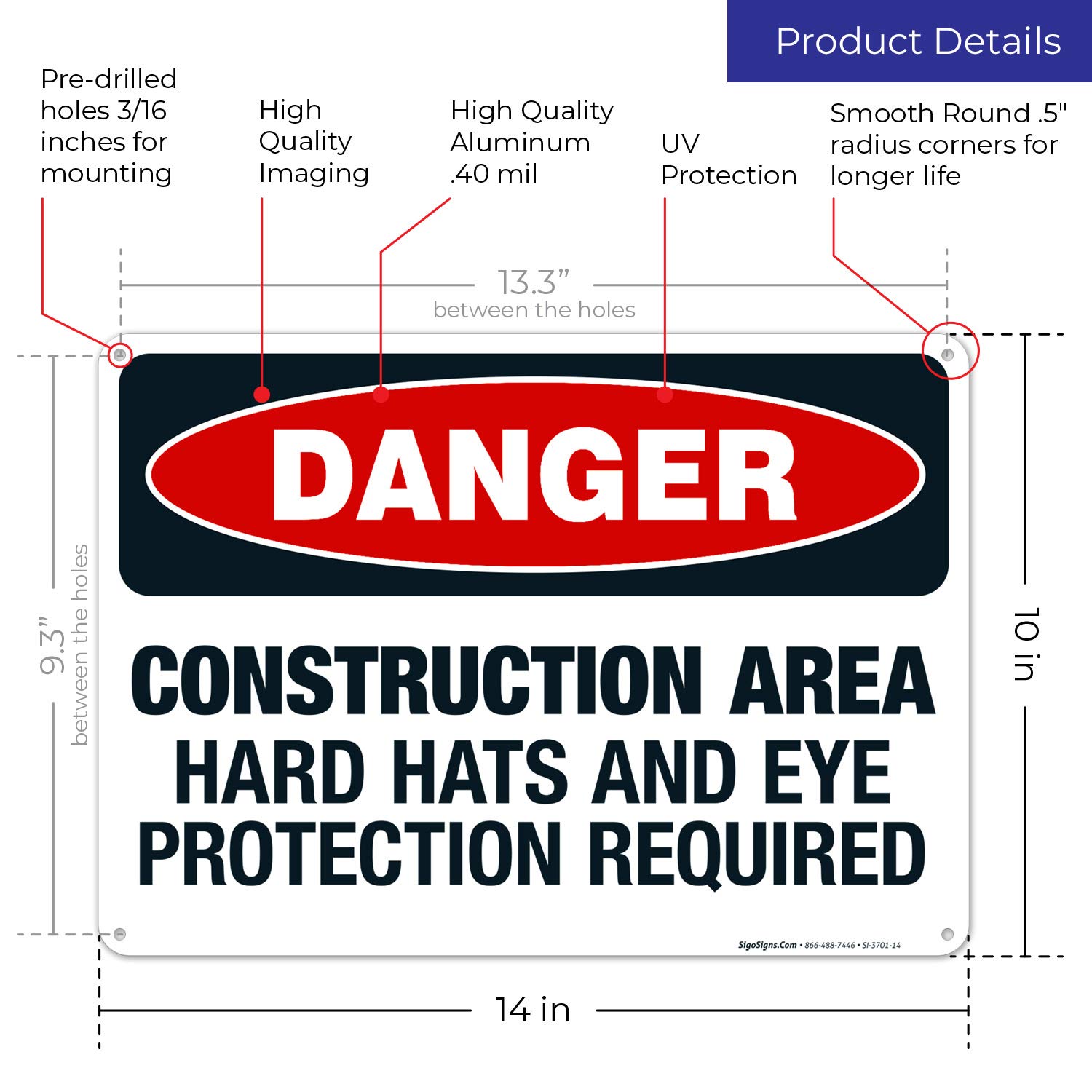 OSHA Approved Construction Safety Sign - Hard Hats & Eye Protection Required, 10x14 Inch Aluminum Danger Sign for Work Zones | Weatherproof, Rust-Free .040 Aluminum, Fade Resistant | Perfect for Construction Sites, Factories & Outdoor Work Areas | Made in USA