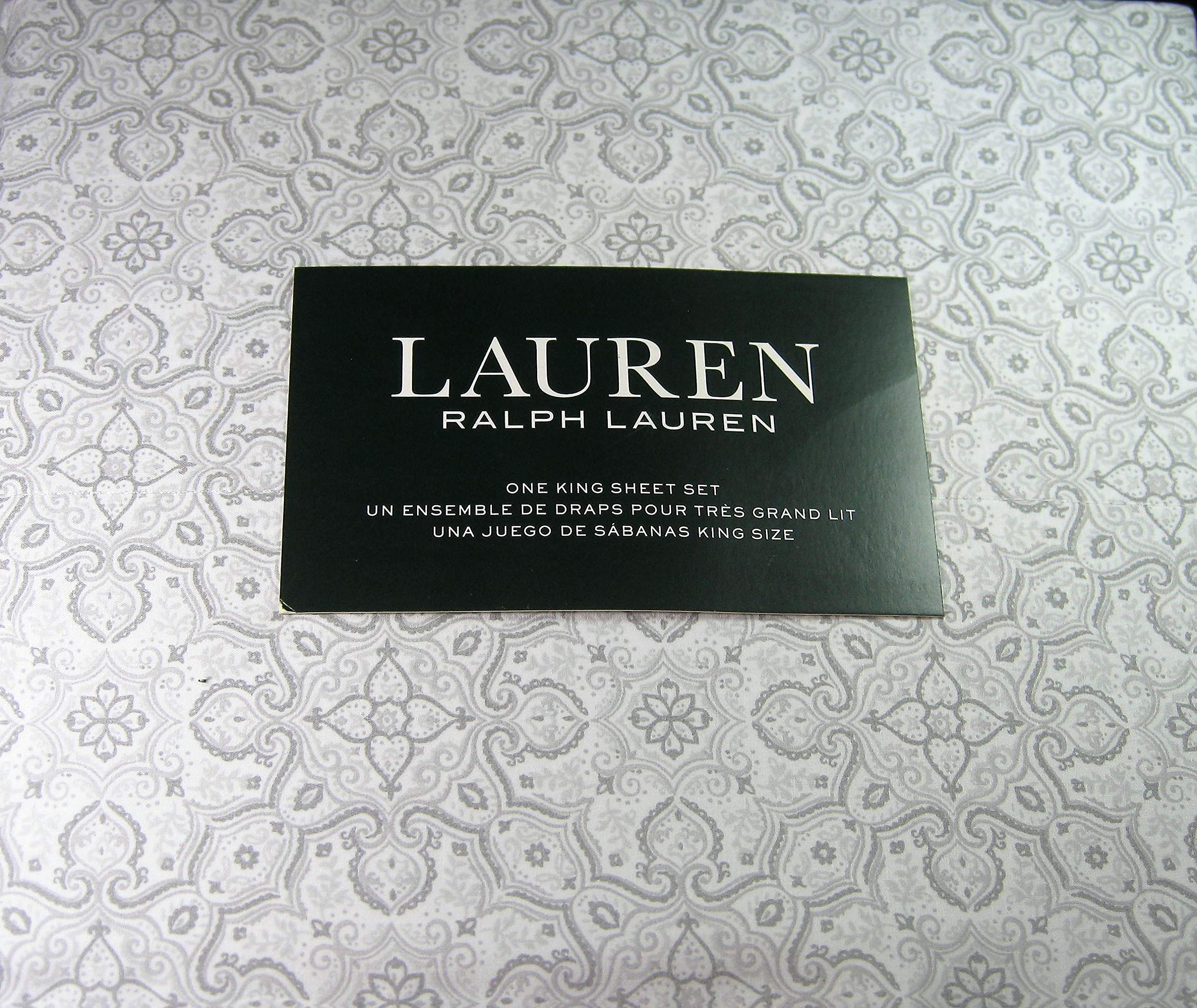 Lauren Ralph Lauren King Size Medallion Floral Sheet Set - 100% Cotton Gray Luxury Bedding for Master Bedroom & Guest Room