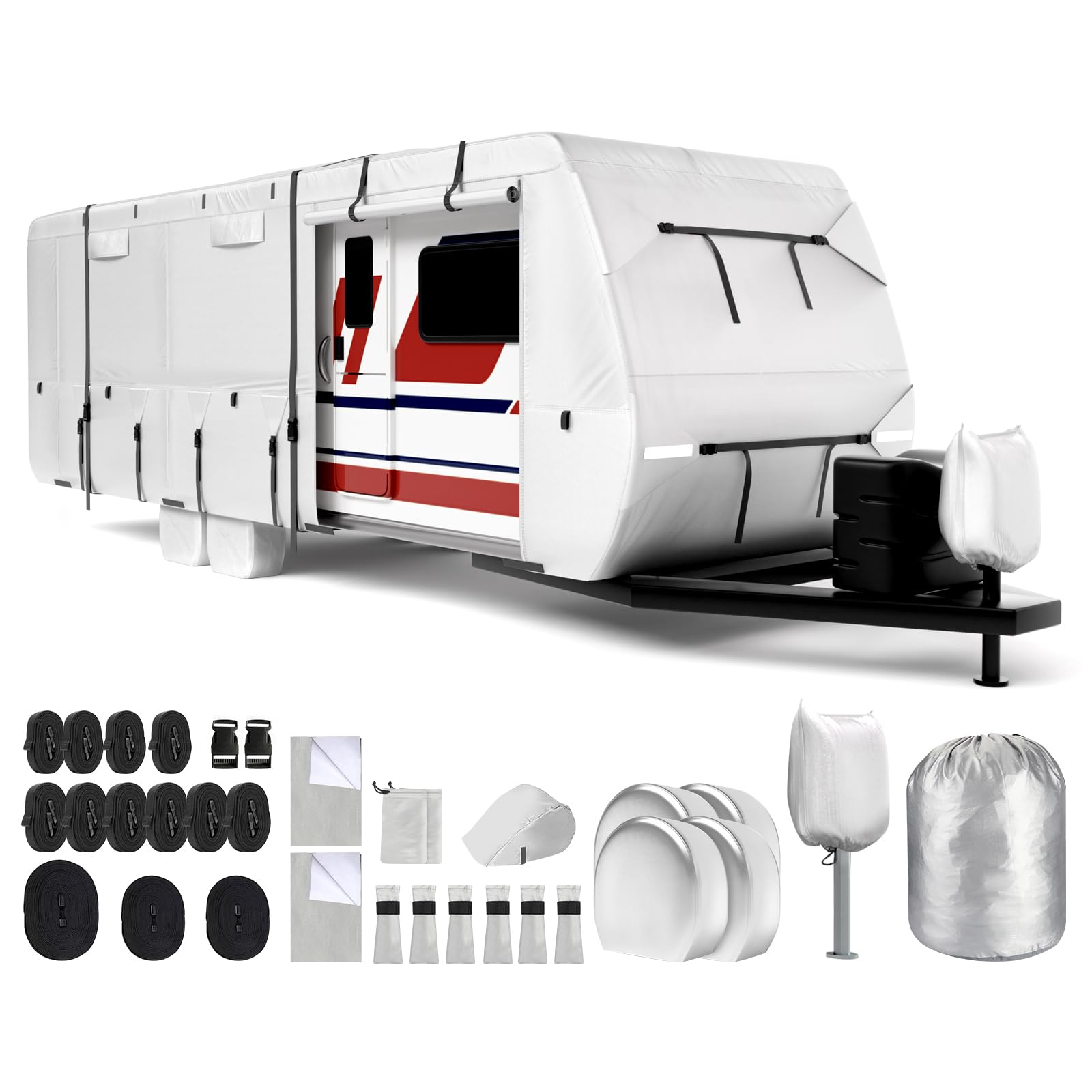 420D Oxford Fabric RV Cover for Travel Trailers 22'-24' - Waterproof, Windproof & Tearproof Camper Cover with 4 Tire Covers, Jack Cover & Zippered Doors | Perfect for Outdoor Storage, Winter Protection & Long-Term Parking