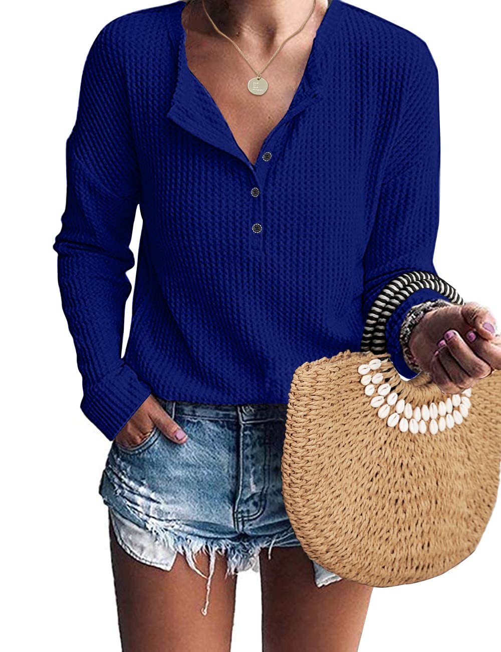 IWOLLENCE Women's Long Sleeve Henley Shirt - Waffle Knit Tunic Top with V-Neck & Button Down Design | Loose Fit Casual Blouse for Work, Date Night & Everyday Wear