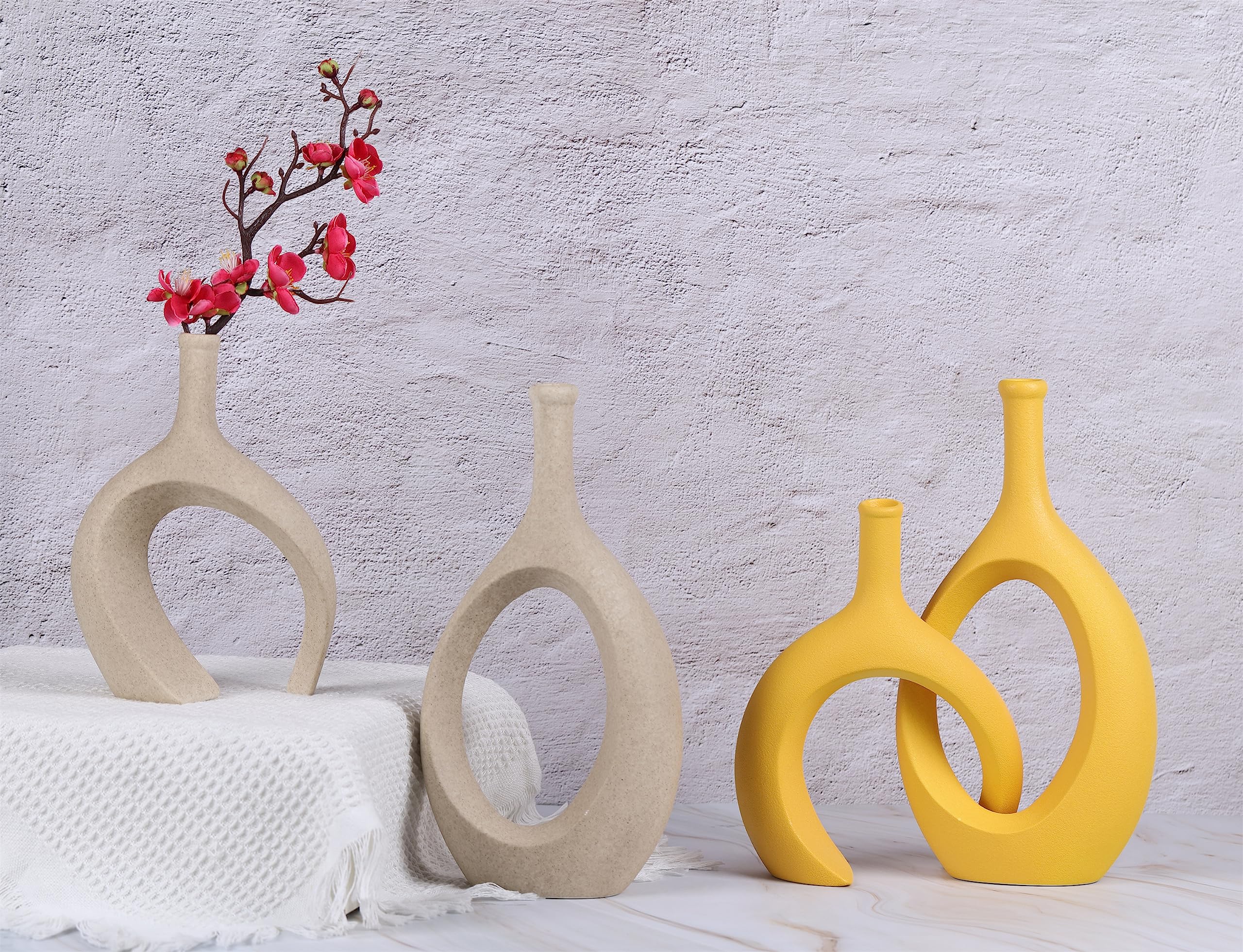 Mustard Yellow Ceramic Vase - Round Hollow Boho Home Decor for Pampas Grass & Flowers | Small Centerpiece Vase for Living Room, Bedroom, Coffee Table | Perfect for Boho Chic, Farmhouse & Modern Interior Design