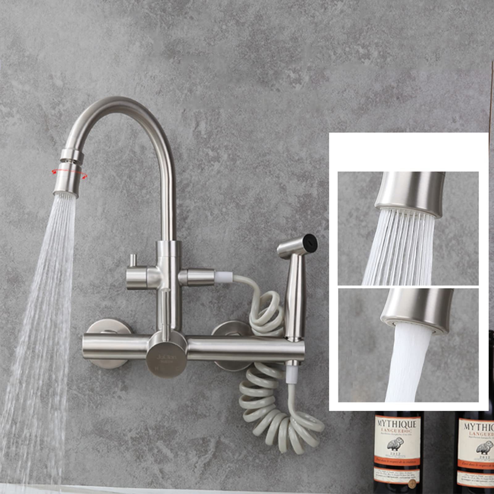Commercial Grade 360° Swivel Brushed Stainless Steel Kitchen Faucet with Pull Down Sprayer - Wall Mount Double Hole Hot & Cold Water Mixer Tap - Dual Mode Spout for Restaurant & Home Kitchen Sink