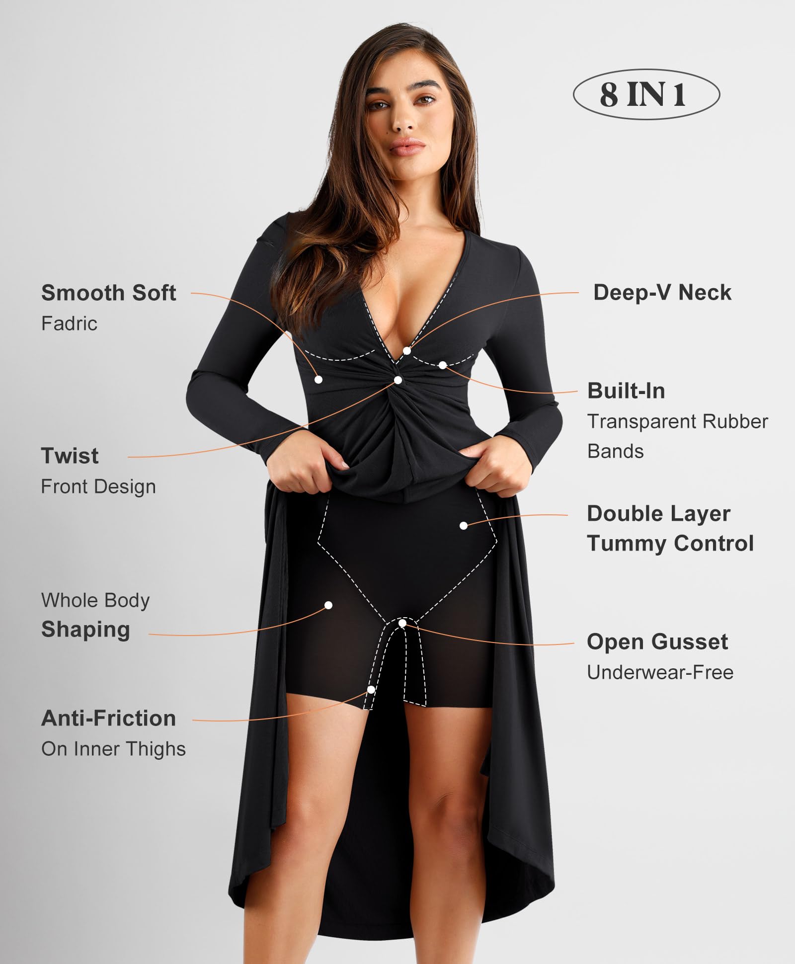 Popilush Women's 8-in-1 Long Sleeve Bodycon Dress with Built-In Shapewear - Formal Wedding Guest Dress 2024 | Slimming Cocktail Party, Office Work, Evening Gala & Special Occasion Outfit