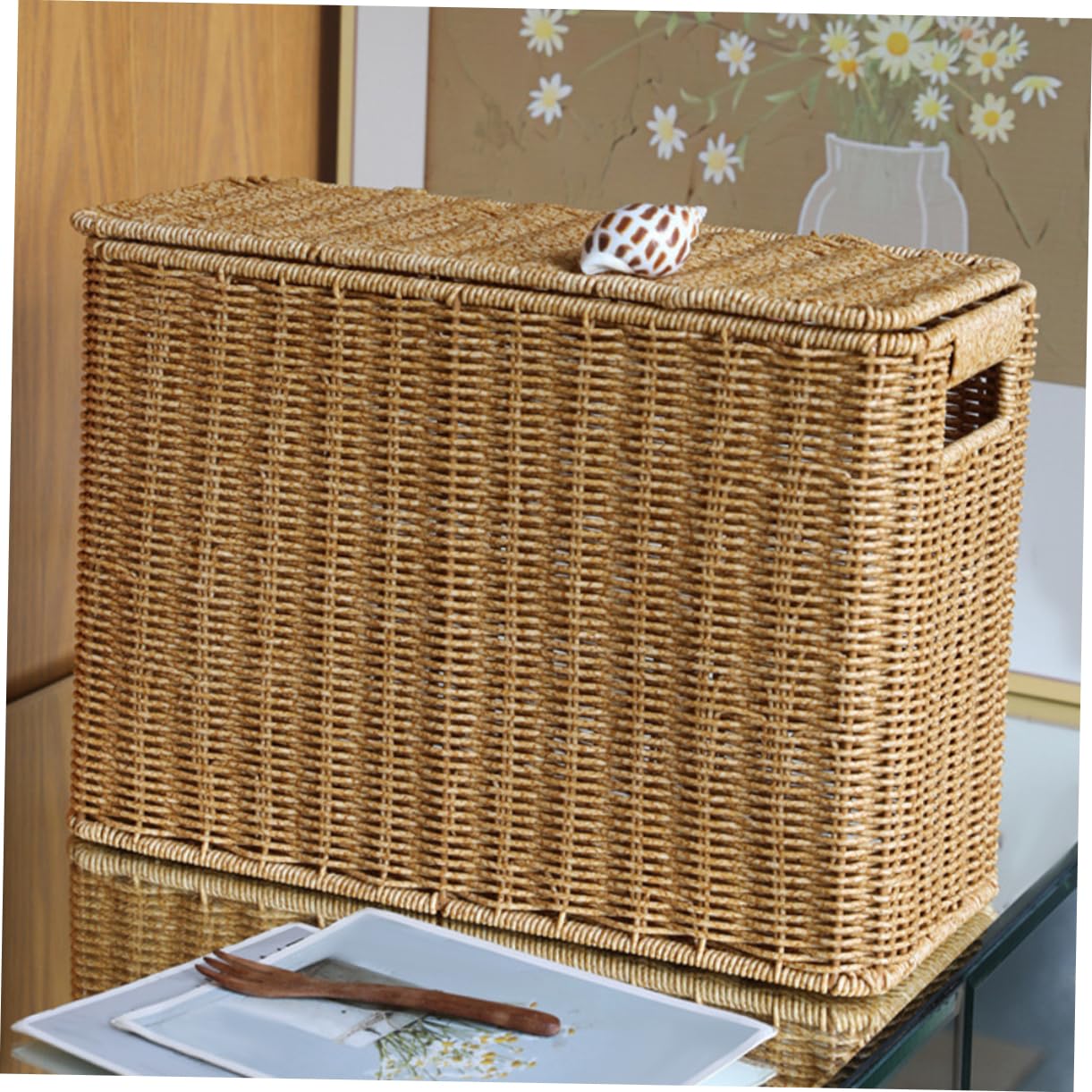 Narrow Tall Storage Bin with Lid - Woven Rattan Magazine Basket for Home Office Organization | Perfect for Books, Files, and Office Supplies