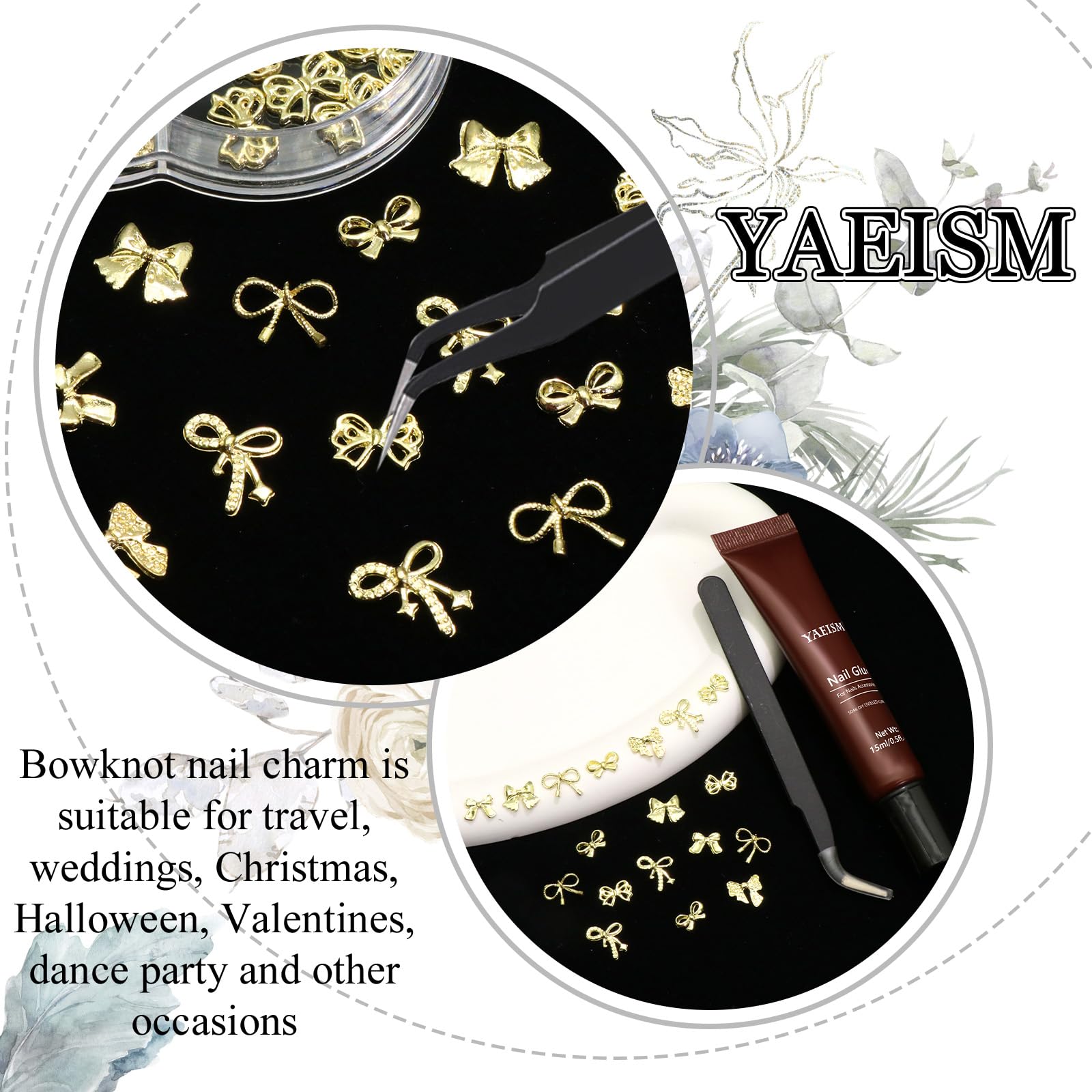 3D Gold Bowknot Nail Charms Kit - 70PCS Bow Nail Art Decorations with Glue Gel & Tweezer for DIY Nails, Manicure, and Crafting - Perfect for Parties, Weddings, and Salon Nail Designs