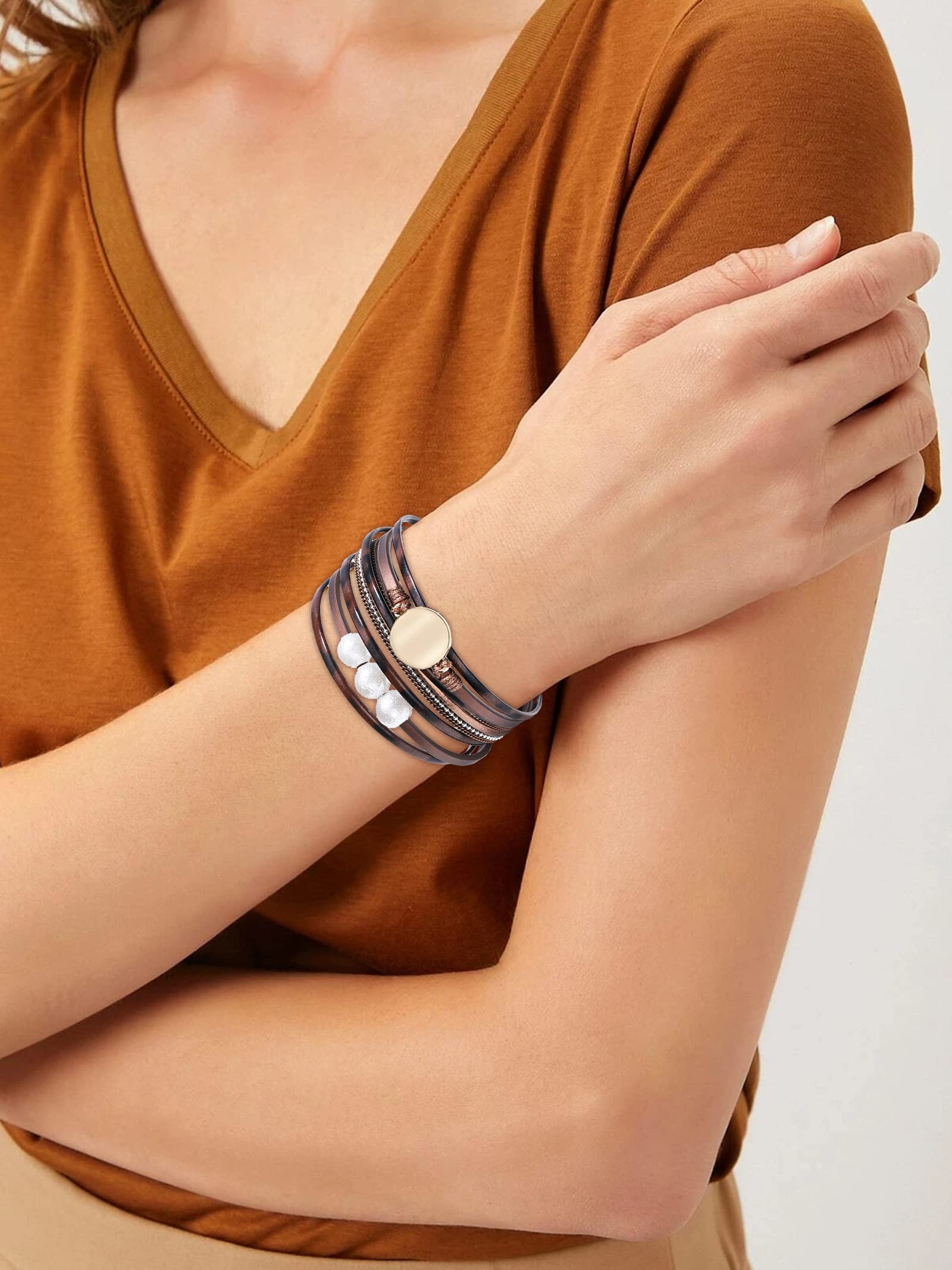 Trendy Blue Leather Wrap Bracelet for Women - Stackable Western Cuff Bracelet, Multi-Layer Boho Jewelry for Everyday Wear & Fashion Accessories