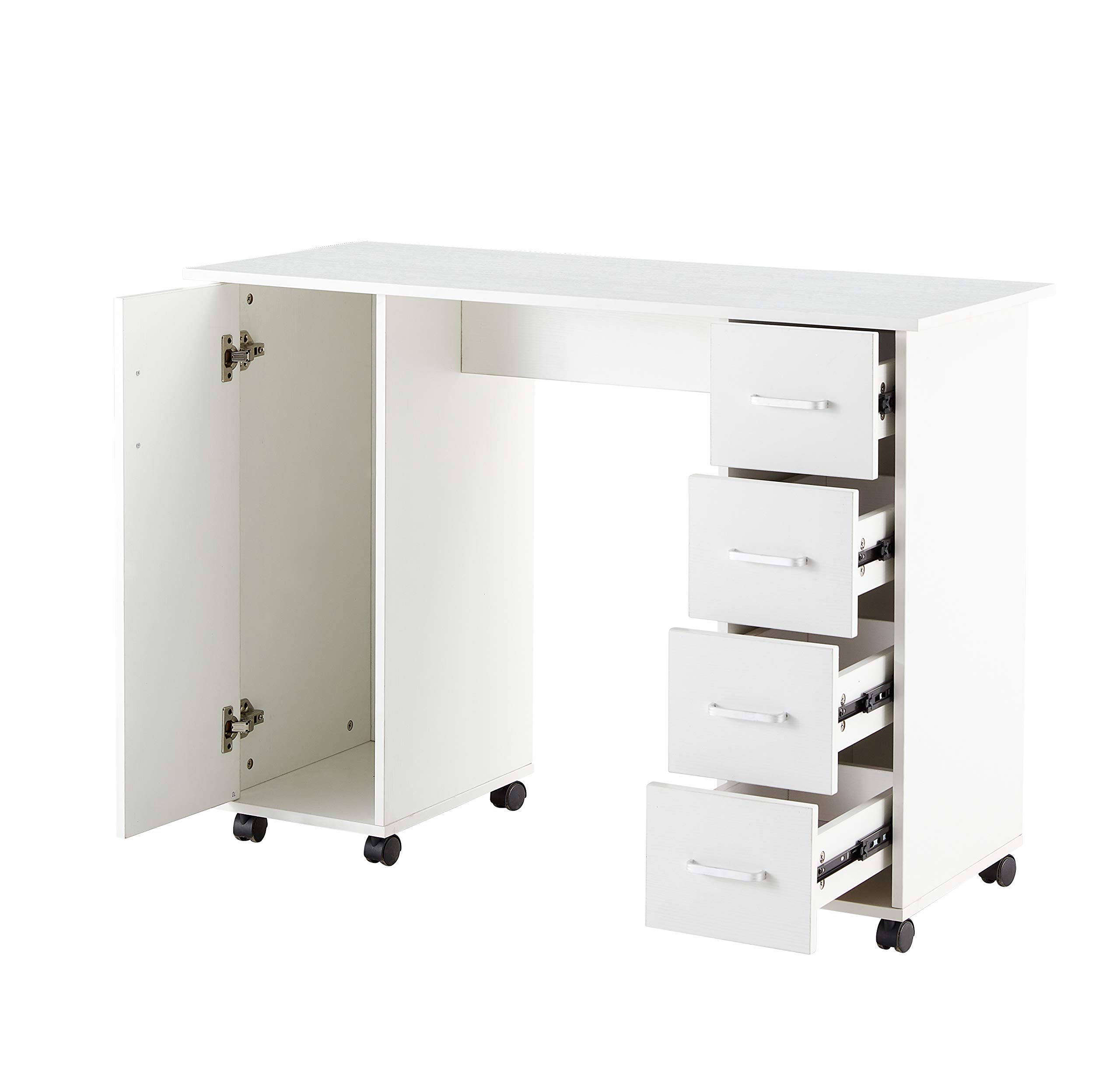 Professional Double-Sided Manicure Nail Spa Table with 4 Drawers & Cabinet - White Wooden Nail Art Technician Workstation for Salon & Home Beauty Business - Perfect for Nail Technicians, Spa Professionals & DIY Nail Enthusiasts