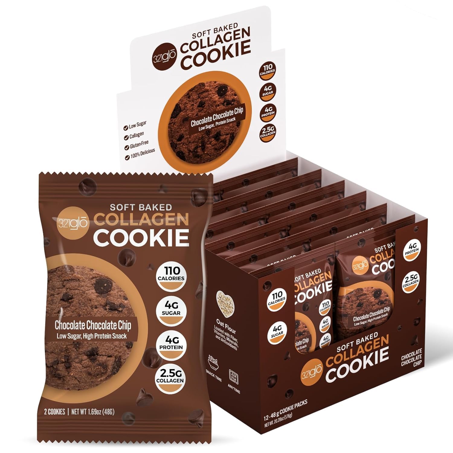 321glo Collagen Cookies - Soft Baked High Protein Low Carb Keto Snacks for Women, Men & Kids | 12 Pack Chocolate Chocolate Chip | Perfect for On-the-Go, Post-Workout & Healthy Dessert