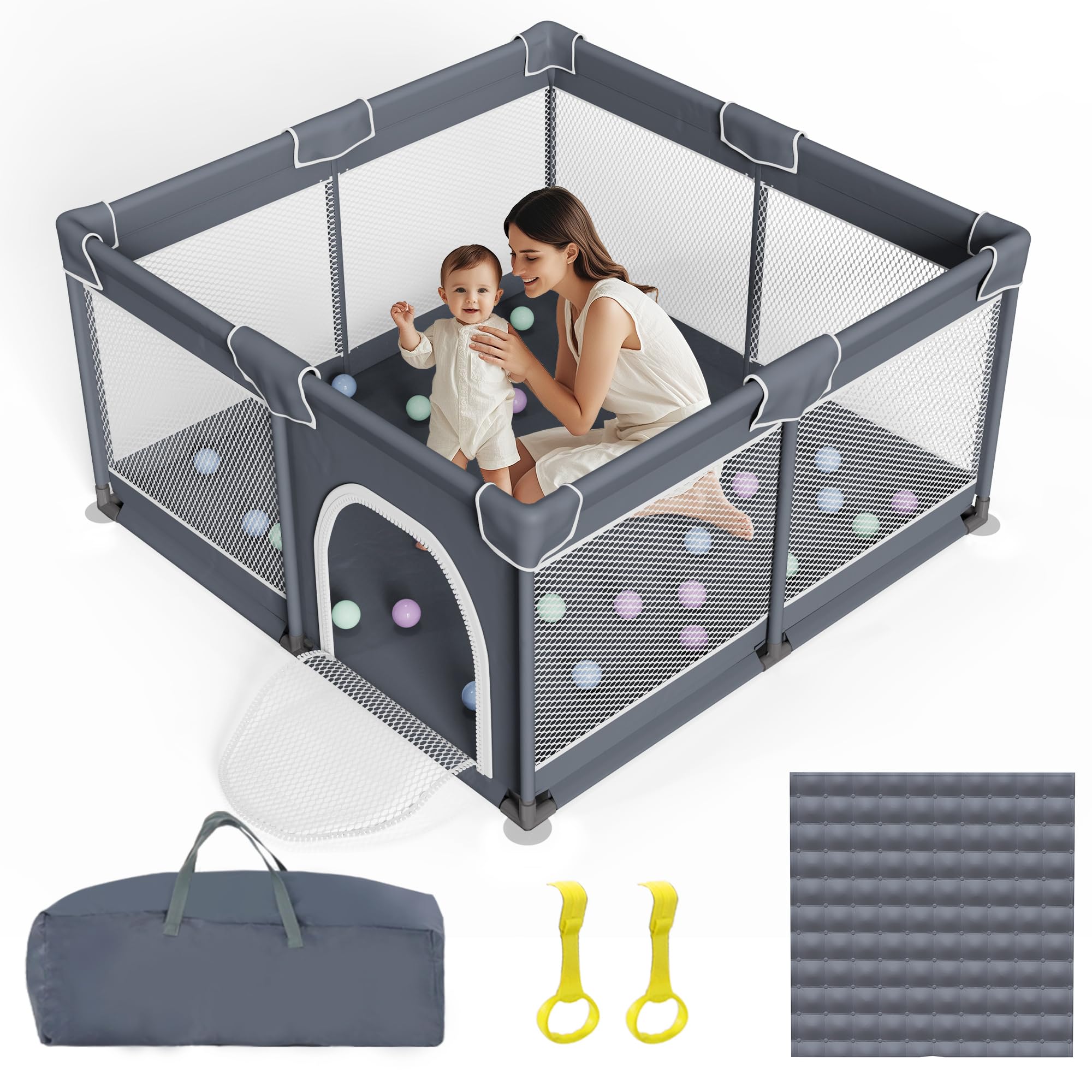 **Baby Playpen with Soft Mat - Large Playpen for Babies & Toddlers, Indoor & Outdoor Playard with Breathable Mesh & Sturdy Safety Gate - Perfect for Home, Nursery, Daycare & Travel (Grey)**