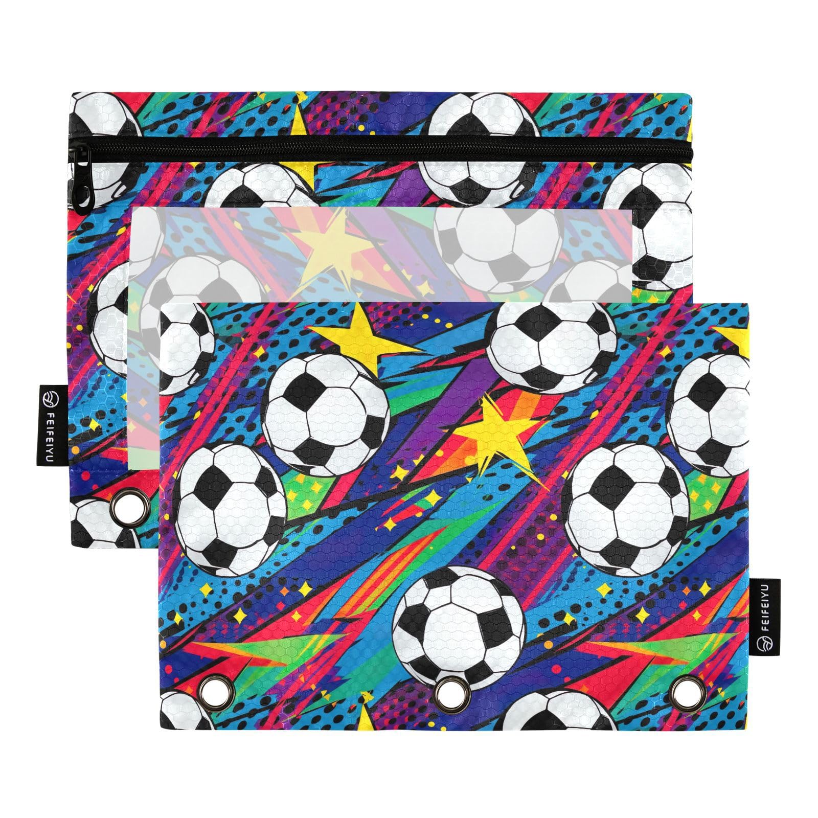2 Pack Clear Zippered Soccer Football Pencil Pouch for 3-Ring Binder - Durable Office Supplies Organizer for School, Work & Sports Gear Storage | Perfect for Students, Teachers & Soccer Fans