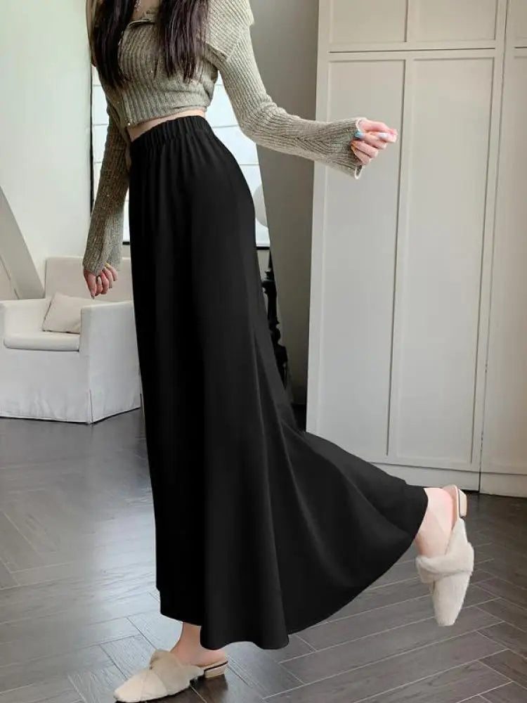 Women's Black Elastic High Waist Fishtail Skirt - Korean Style Beige Pleated A-Line Long Skirt for Autumn Winter | Elegant Vacation Outfit, Office Wear & Party Dress