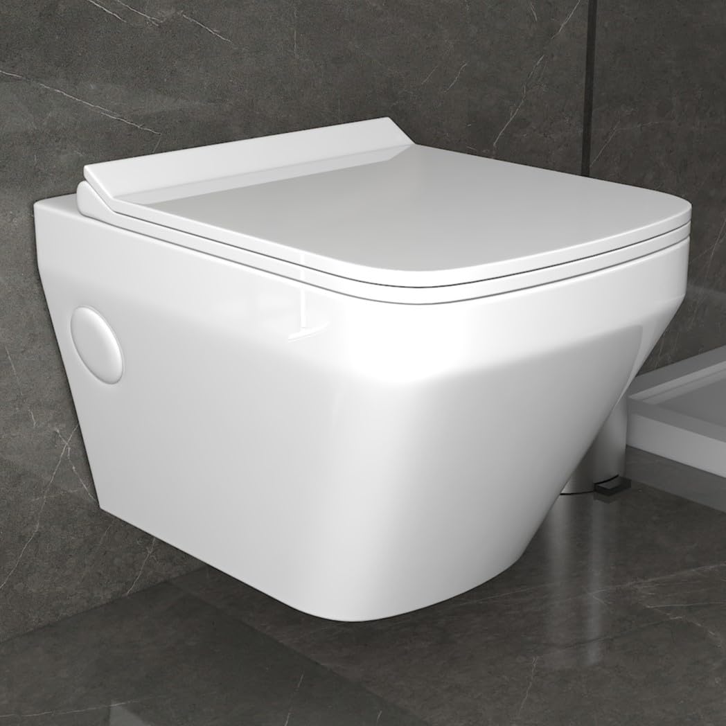 Ceramic Wall-Mounted Rimless Western Toilet with Soft-Close Seat - White Modern Water-Saving Commode with P-Trap Floor Outlet for Bathroom & Powder Room Renovation