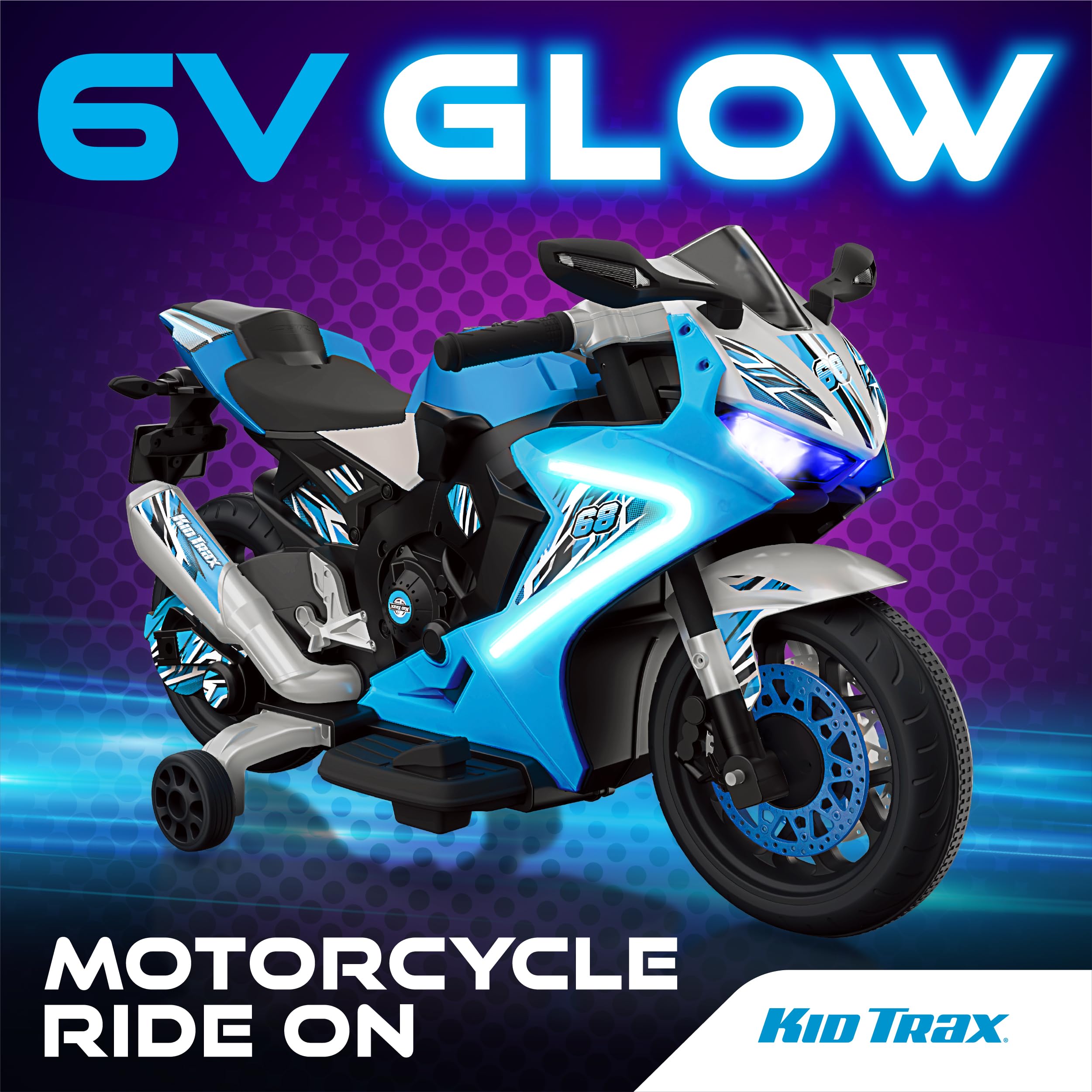 Kid Trax 6V Glow Electric Motorcycle for Toddlers - LED Lights & Sounds, Indoor/Outdoor Ride-On Toy for Ages 3-6 (Blue) - Perfect for Backyard & Playroom Fun