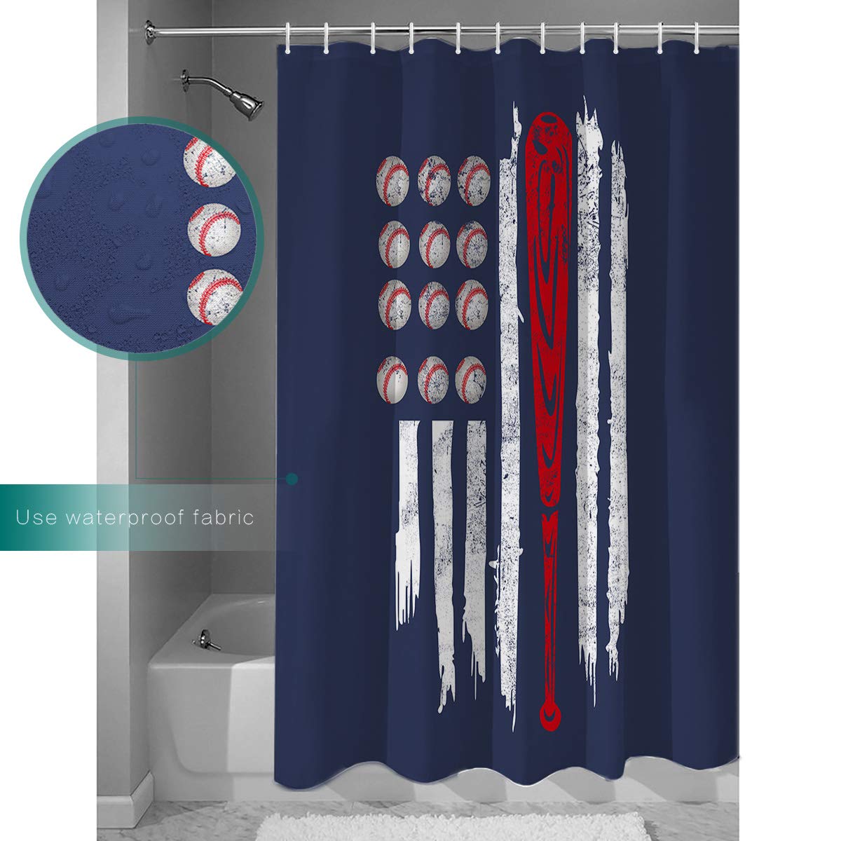 American Flag Baseball Design Bathroom Shower Curtain - Durable Waterproof Polyester Fabric with Plastic Hooks (54x78 inches) for Sports-Themed Home Decor | Perfect for Baseball Fans' Bathrooms, Game Day Parties & Patriotic Bedroom Themes