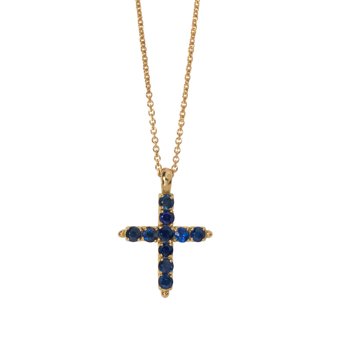 Blue Sapphire Cross 18K Gold Pendant Necklace for Women - Elegant Religious Jewelry Gift for Baptism, Confirmation & Special Occasions
