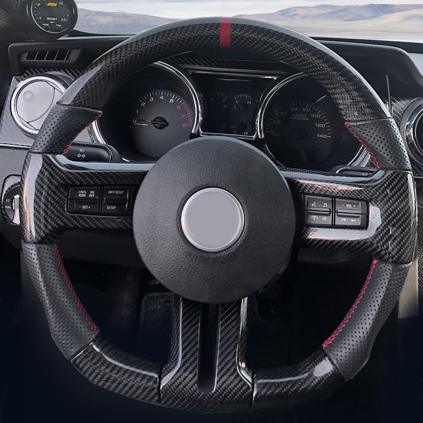 IKON MOTORSPORTS Black Carbon Fiber & Perforated Leather Steering Wheel with Red Stitching - Compatible with 2010-2014 Ford Mustang | Brushed Aluminum Trim | Perfect for Car Enthusiasts & Performance Upgrades