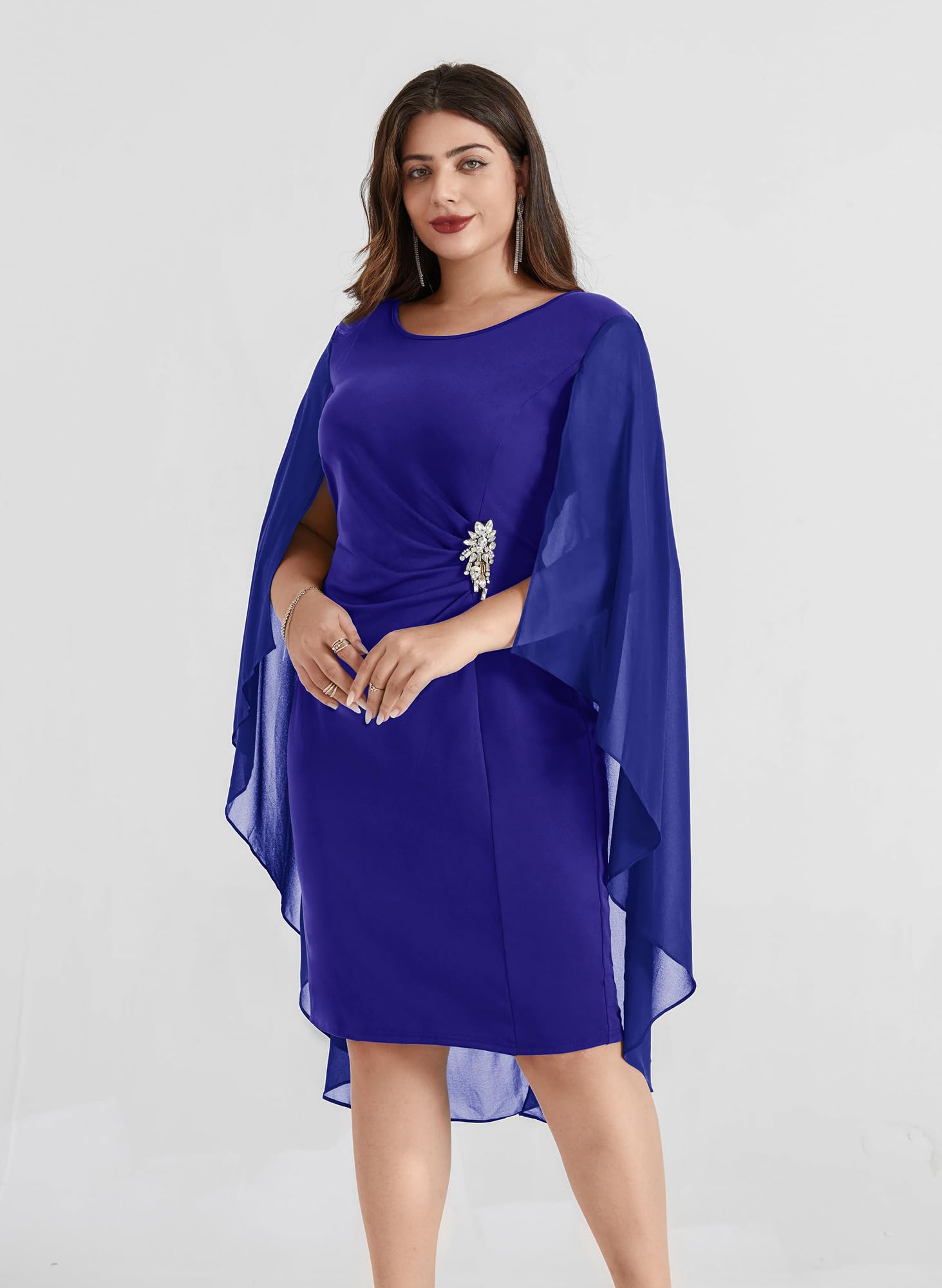 Hanna Nikole Women's Plus Size Chiffon Cape Dress - Crew Neck Ruched Bodycon Cocktail Pencil Dress for Wedding Guest, Party & Special Occasions