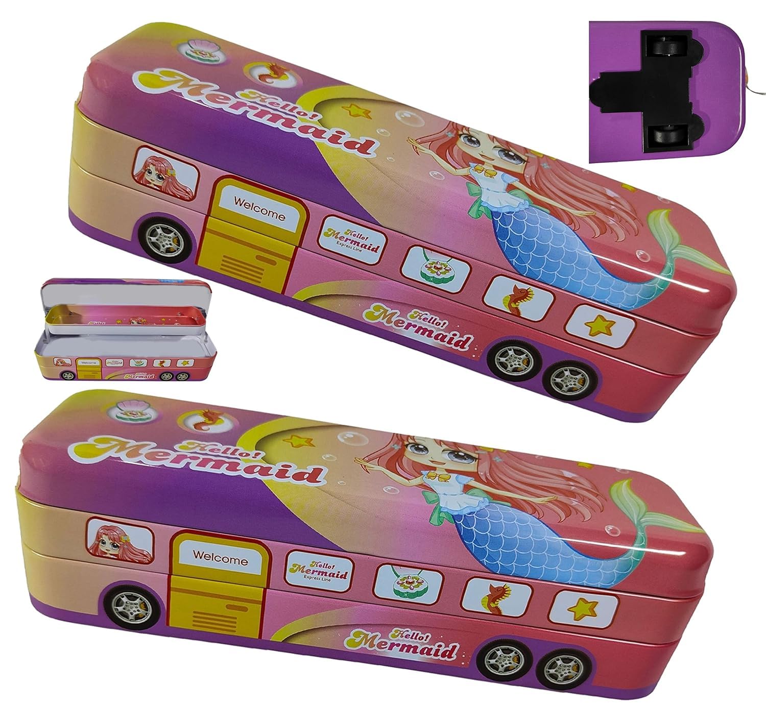 Prayosha Enterprise Metal String Operated Wheel Bus-Shaped Pencil Case - Colorful Geometry School Supply Box with Pull & Move Function (Hello Mermaid Design) for Students, Backpack Organization & Unique Gift Ideas